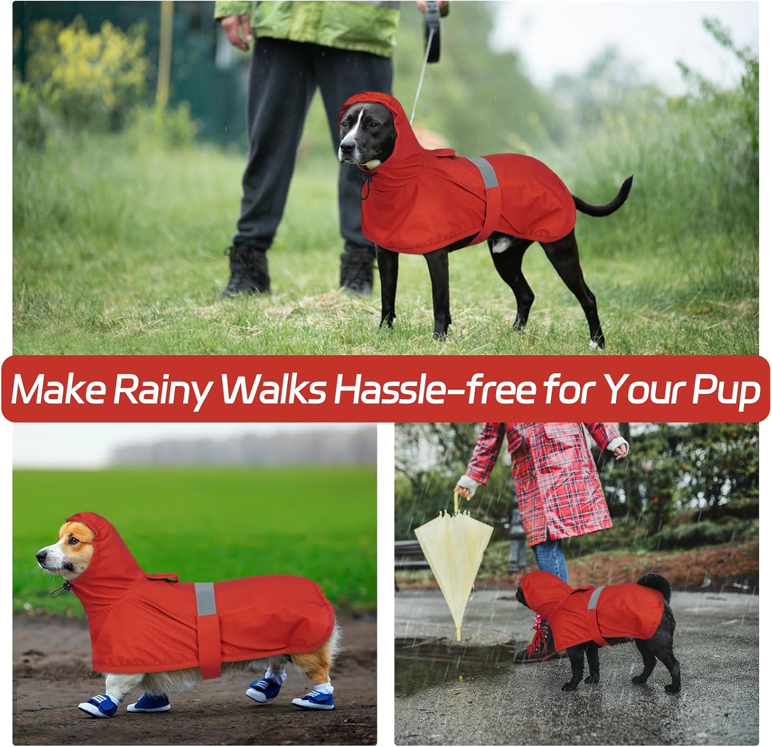Thumbnail 6 de Lelepet Dog Raincoat Waterproof Poncho with Reflective Strip and Adjustable Rear Legs Straps (Red, XL)