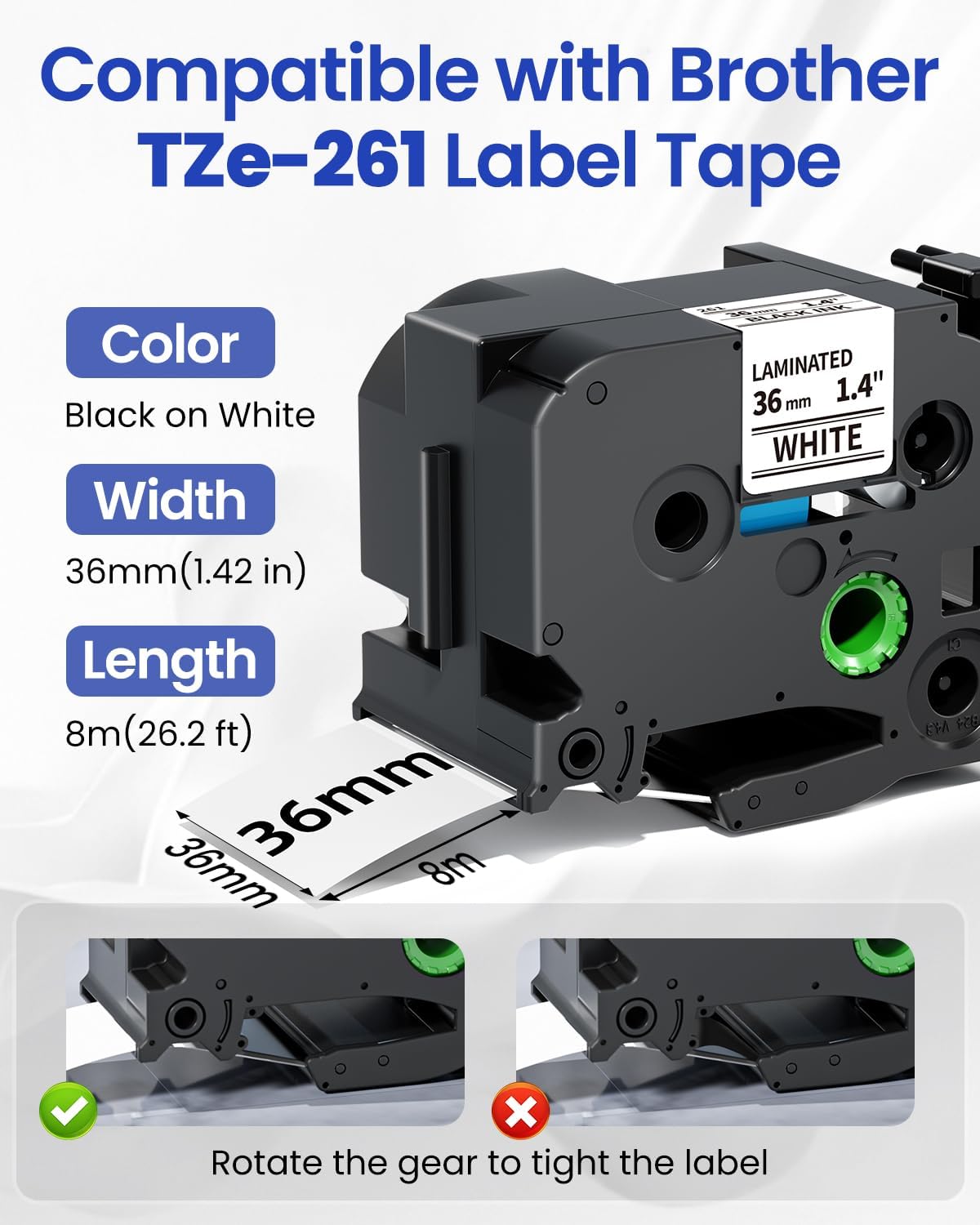 Detalle de MarkField TZe-261 36mm Schriftband – 4er-Pack, Schwarz auf Weiß, kompatibel mit Brother P-Touch
