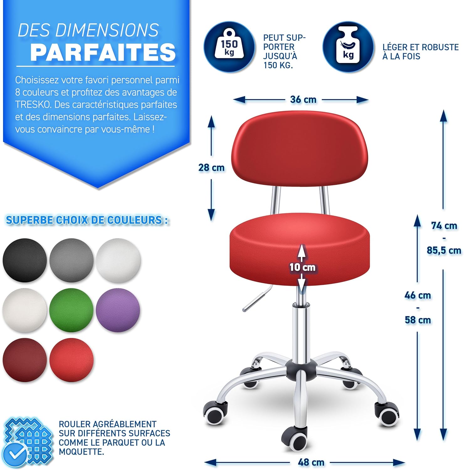 Thumbnail 1 de TRESKO tabouret de travail avec dossier ergonomique et piètement chromé (hauteur 47 à 60 cm)