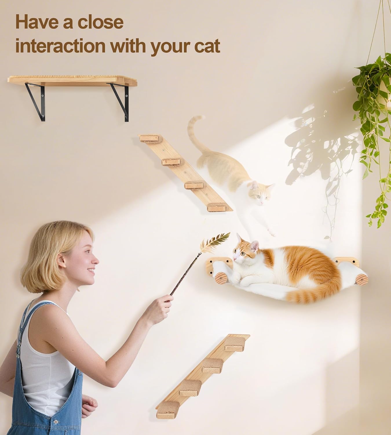 Thumbnail 1 de Cat Hammock Wall Mounted Kitty Bed & Perch set with 2 steps and platforms (wooden cat wall furniture)
