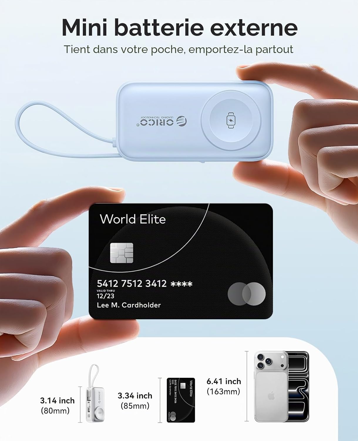 Thumbnail 4 de ORICO Mini Power Bank 5000mAh — Chargeur 3-en-1 PD 22,5W avec USB-C pliable et câble intégré, magnétique Apple Watch, Bleu