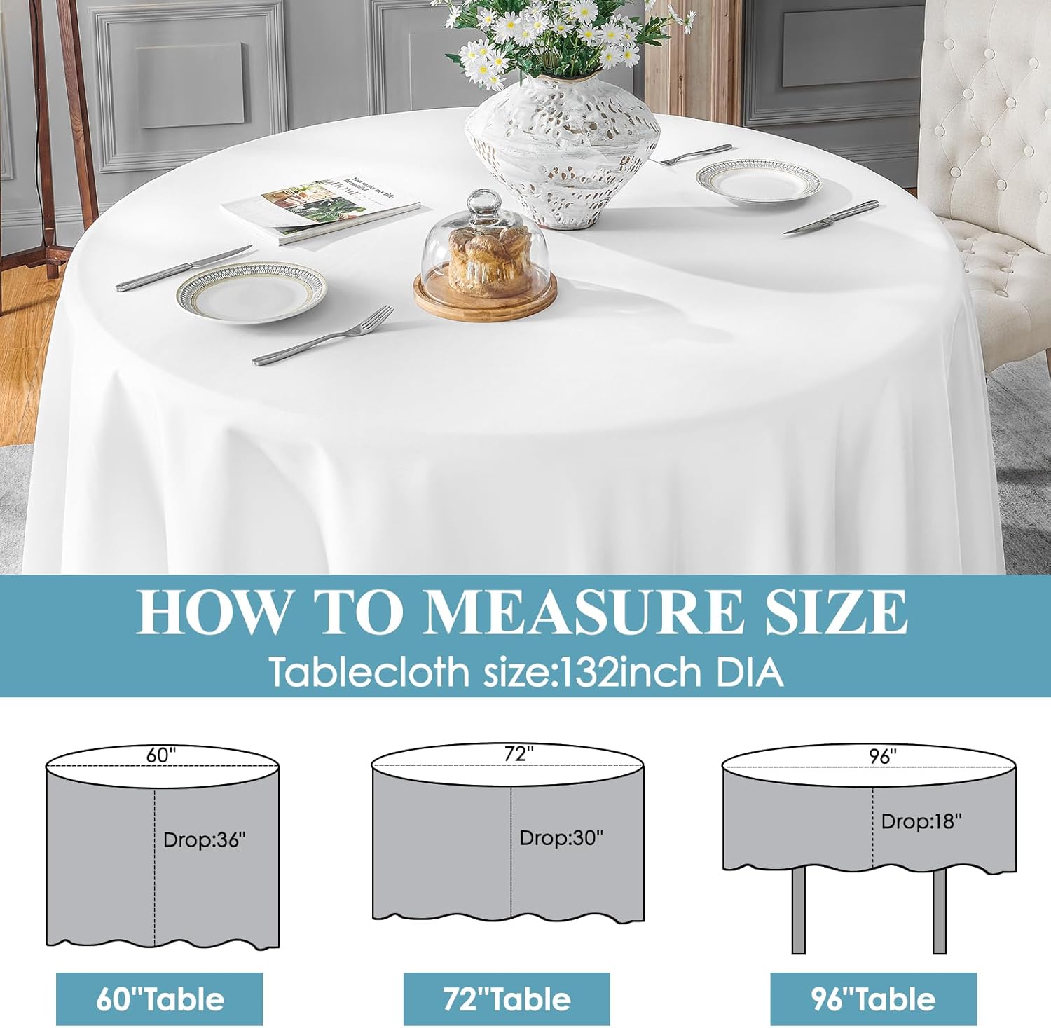 Detalle de VidaFete Round Tablecloth 132-inch (6-Pack) Polyester Table Cover, White