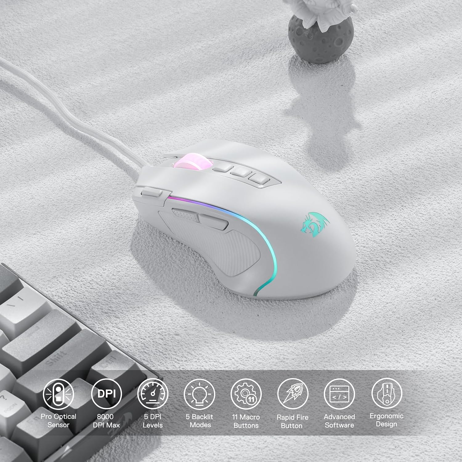Detalle 2 de Redragon M612 Predator RGB wired gaming mouse with 8000 DPI, 11 programmable buttons and Rapid Fire