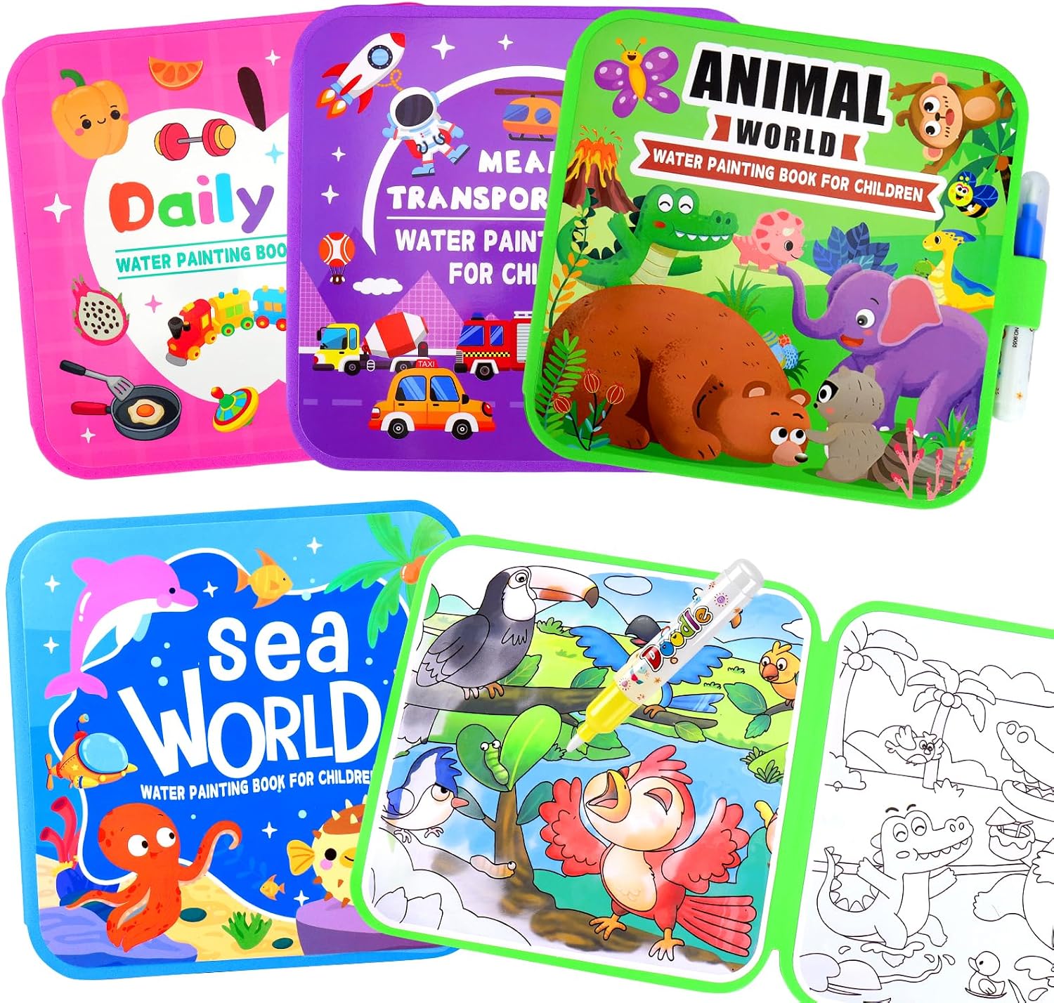 Detalle de Vodolo paint 01 Reusable Water Painting Books, 4-Pack with Refillable Pens