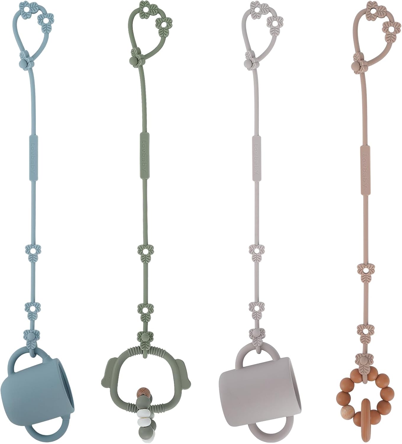 Detalle de REOEWE Cup Catcher: Sicherer Spielzeughalter aus lebensmittelweisem Silikon – 4er-Set für Kinderwagen, Hochstuhl und Autositz