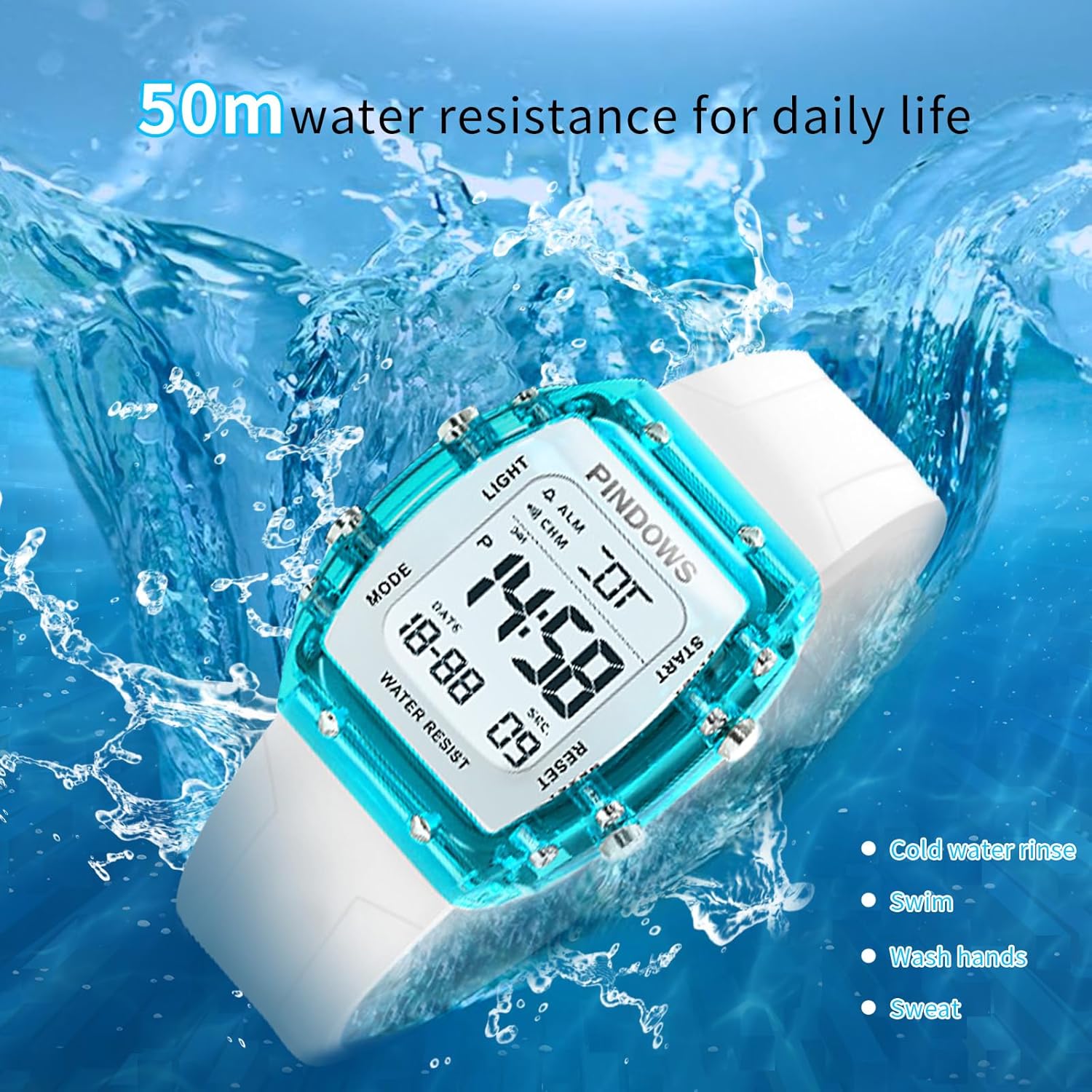 Thumbnail 3 de PINDOWS Digitale Sportuhr für Damen mit transparentem Gehäuse, LED-Licht und 5 ATM – Stoppuhr & Dualzeit