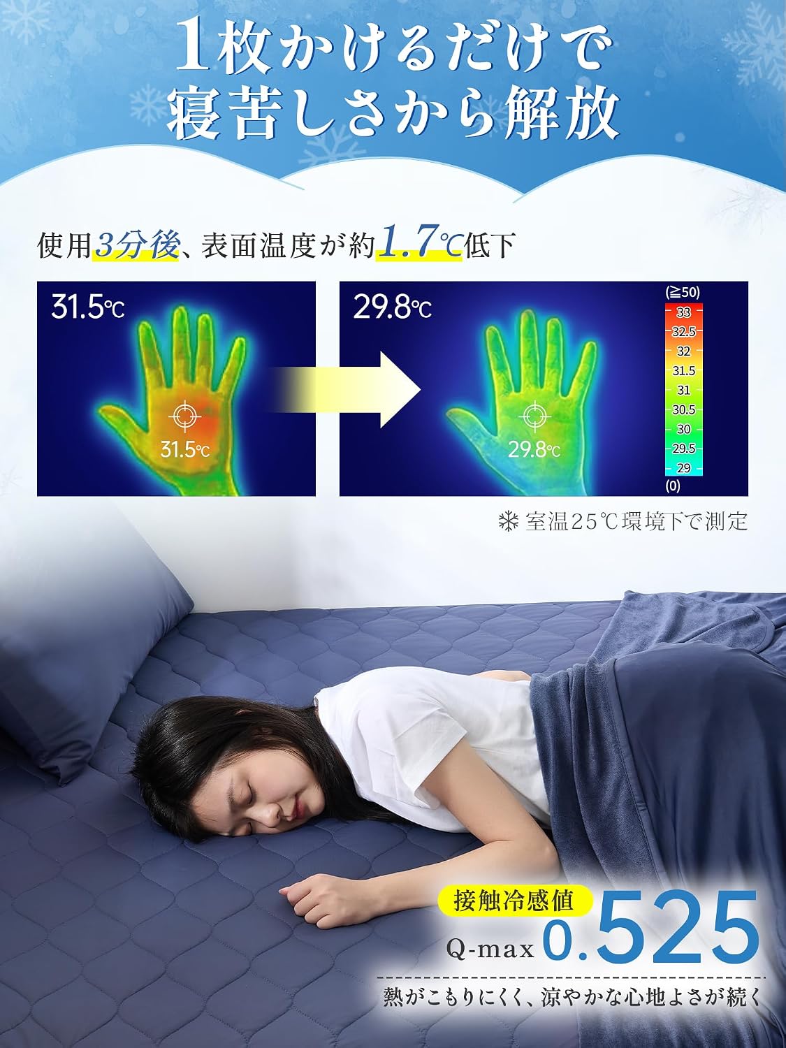 Thumbnail 3 de クモリ(Kumori) 冷感ボックスシーツ シングル 100X200cm Q-MAX0.525 リバーシブル