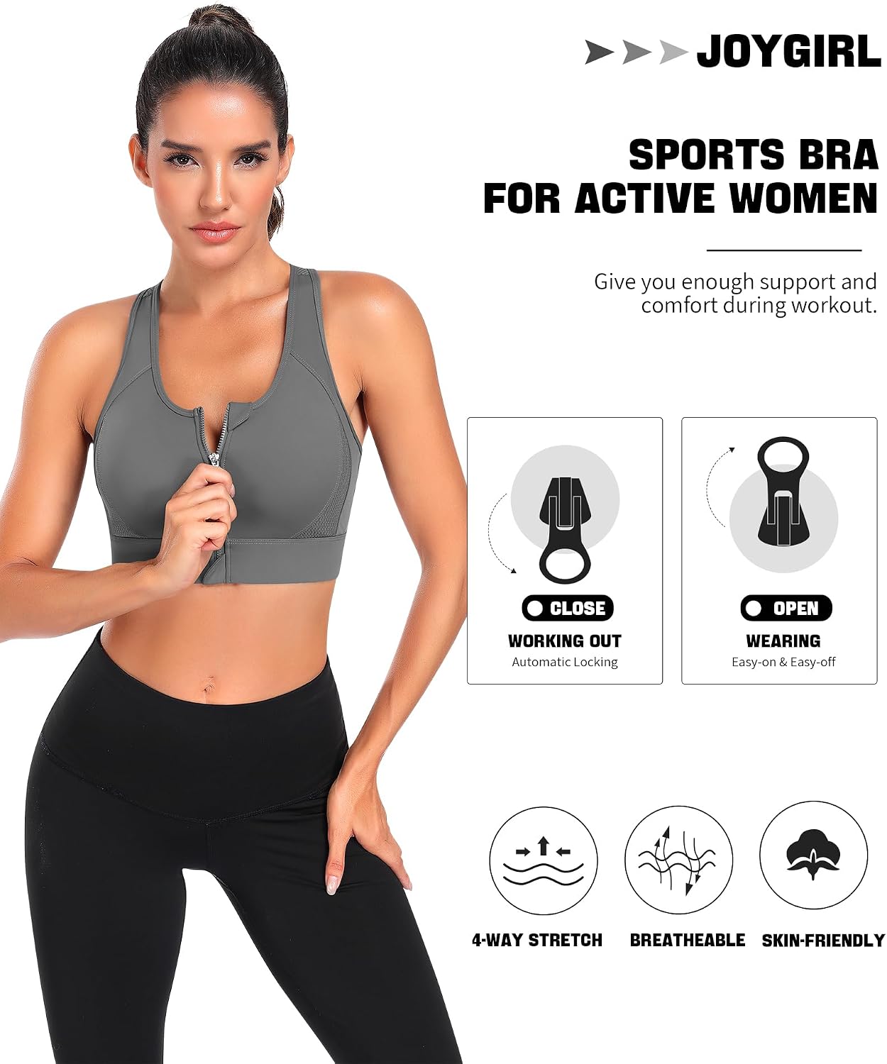 Thumbnail 3 de JoyGirl Zip-Front High-Impact Seamless Sports Bra with Built-in Pads