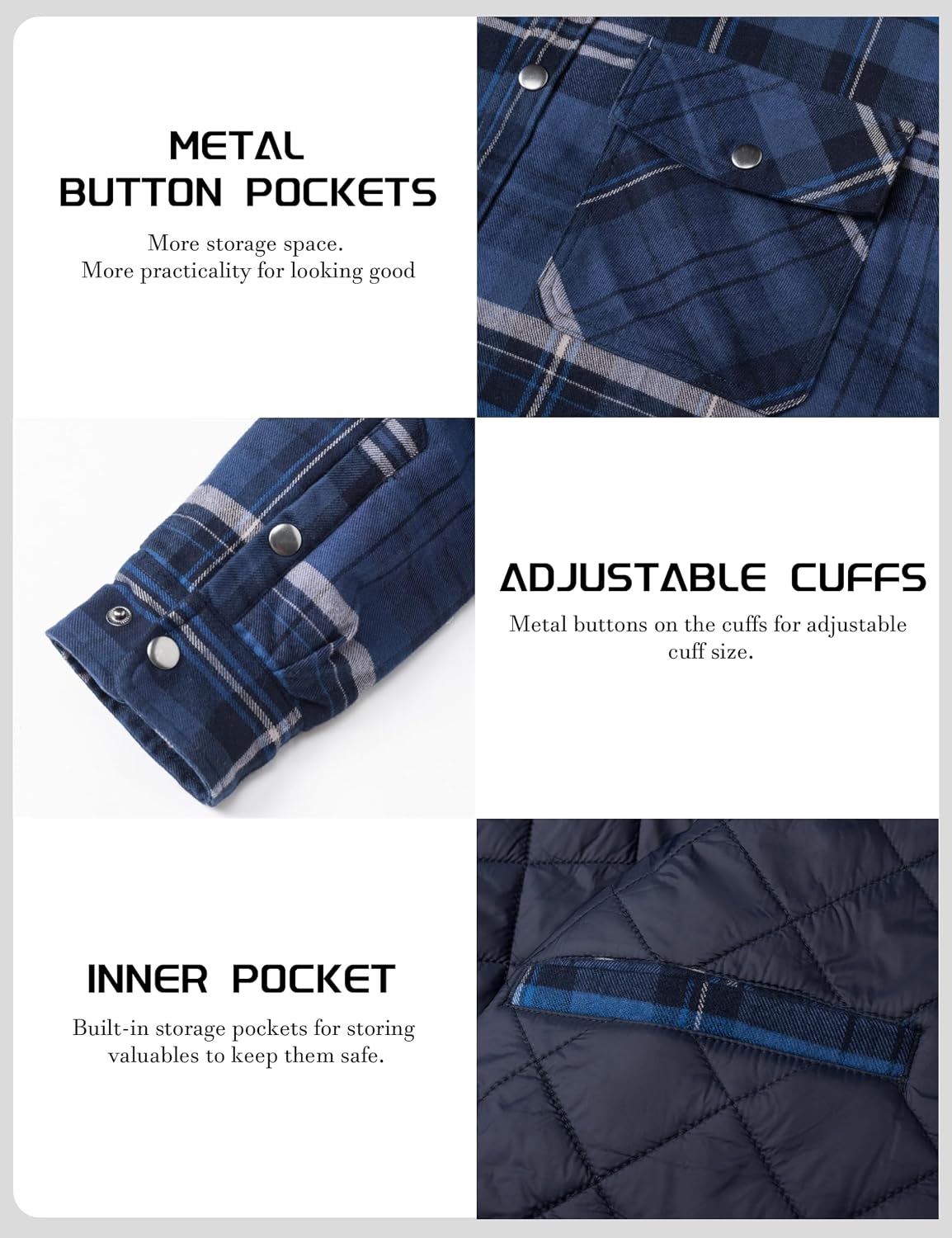 Detalle 2 de TACVASEN Men's Quilted-Lined Flannel Shirt Jacket, Lightweight Button-Down