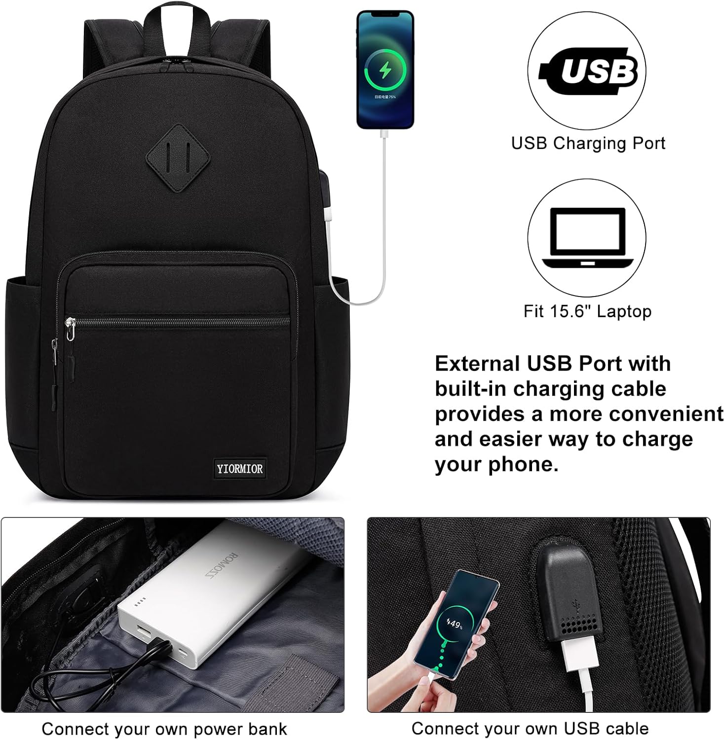 Detalle de YIORMIOR Zaino scuola università con porta PC fino a 15,6” e USB integrata