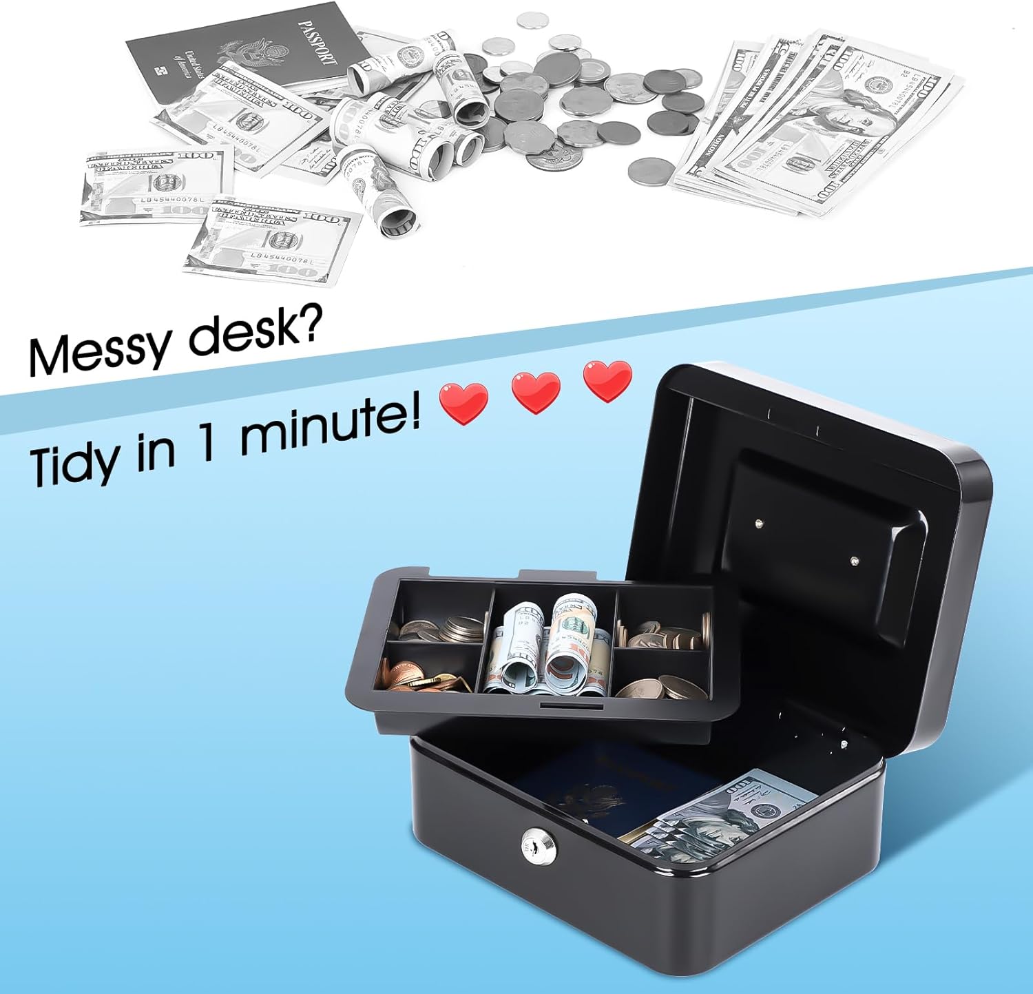Detalle de KYODOLED GT-CBK-M-BLACK Small Metal Lock Box with Key, Removable Tray