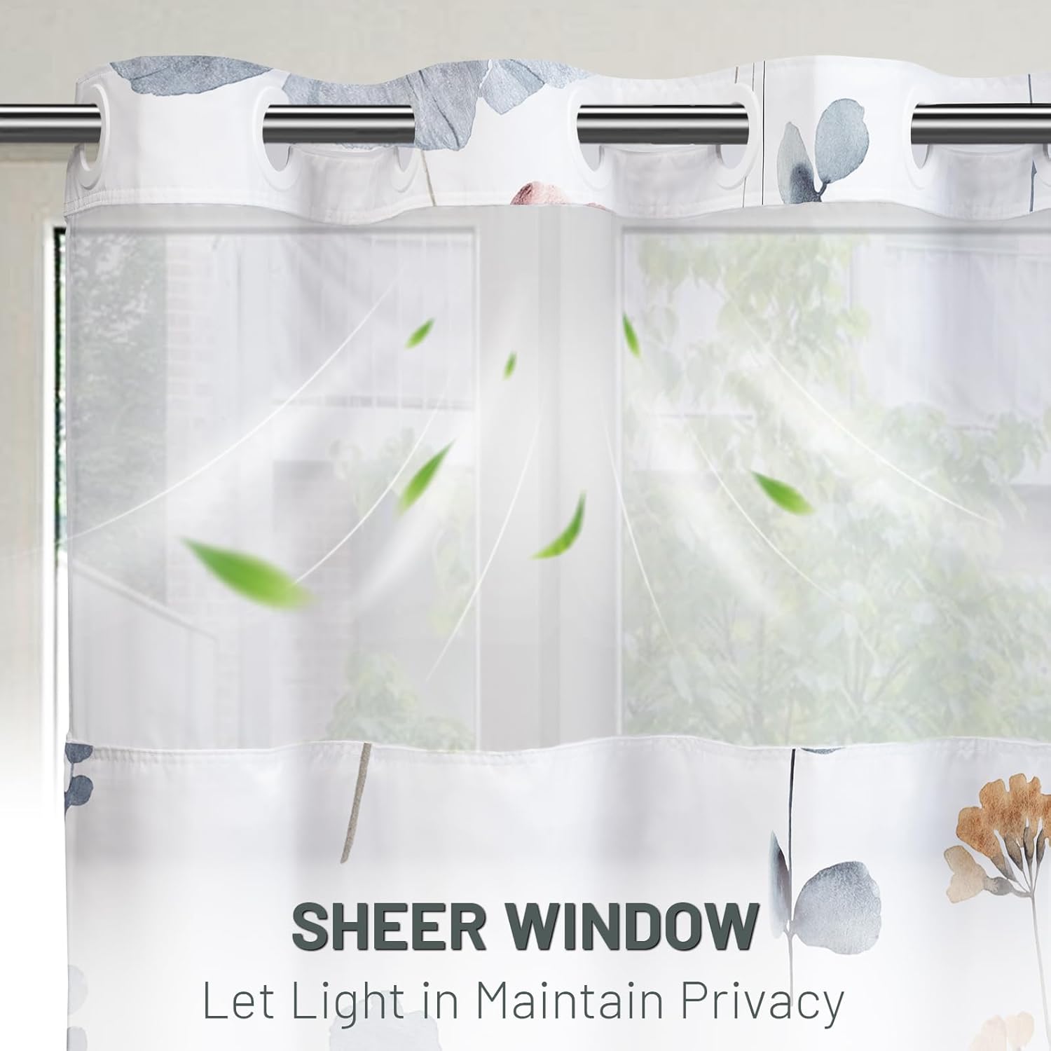 Thumbnail 1 de WITHLOC No Hook Shower Curtain with Snap-in Liner (Watercolor Floral, Plants Blue/Beige) — 71 x 74 Inch