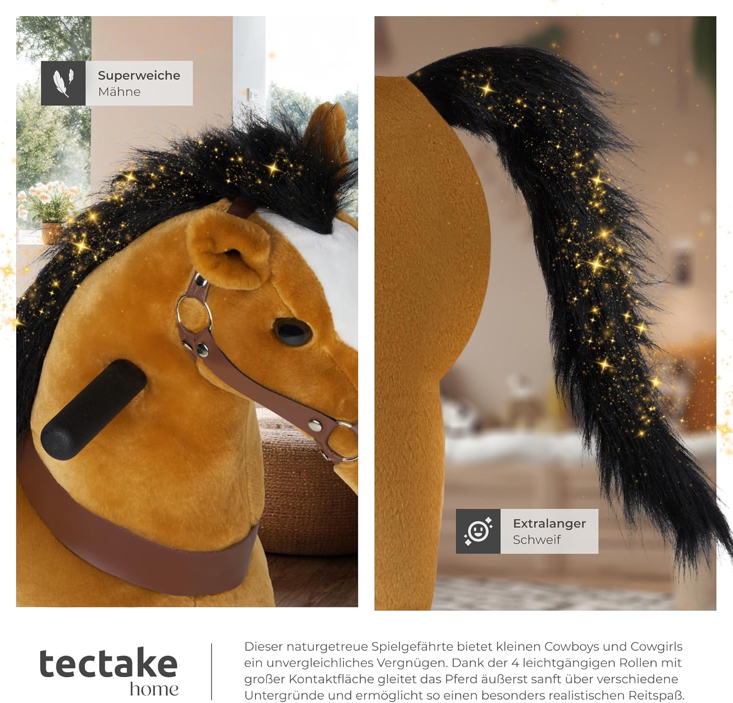 Thumbnail 4 de tectake® Schaukelpferd mit Rollen: Plüsch-Stehpferd zum Draufsitzen & Reiten (29 x 76 x 85 cm)