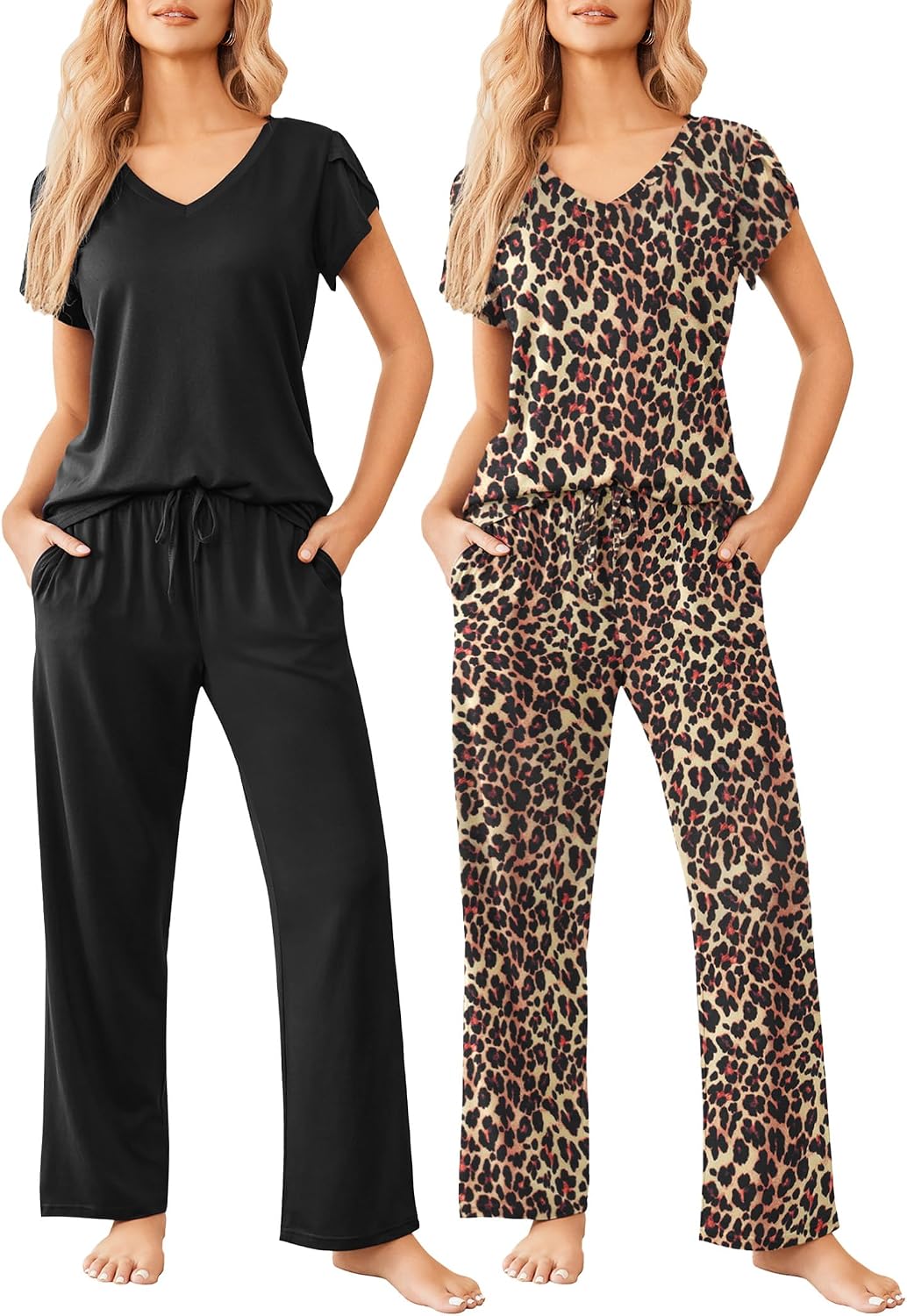 Detalle de Ekouaer 2-Pack Women's Pajama Sets with Short-Sleeve Tops and Long Pants