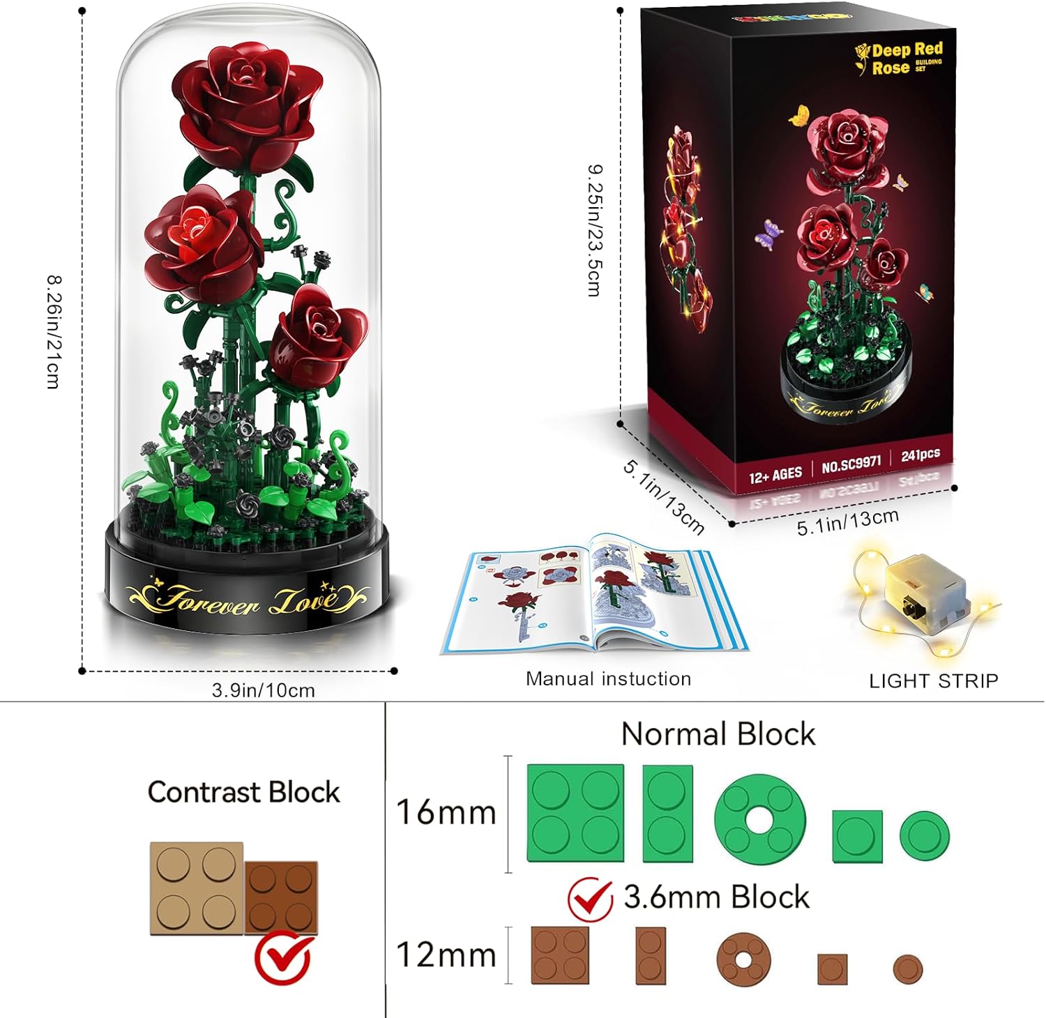 Detalle de Flower Building Set with LED Light – Burgundy Red Rose 241-Piece Mini Block Kit