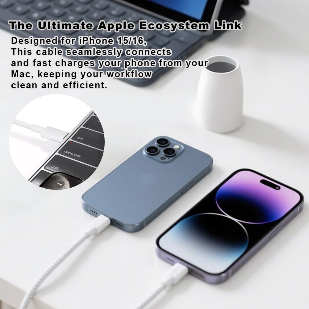 Thumbnail 4 de Honoflux USB C to USB C Cable for iPhone 16/15 — 2 Pack, 60W, 2m Nylon Type-C to Type-C Cables