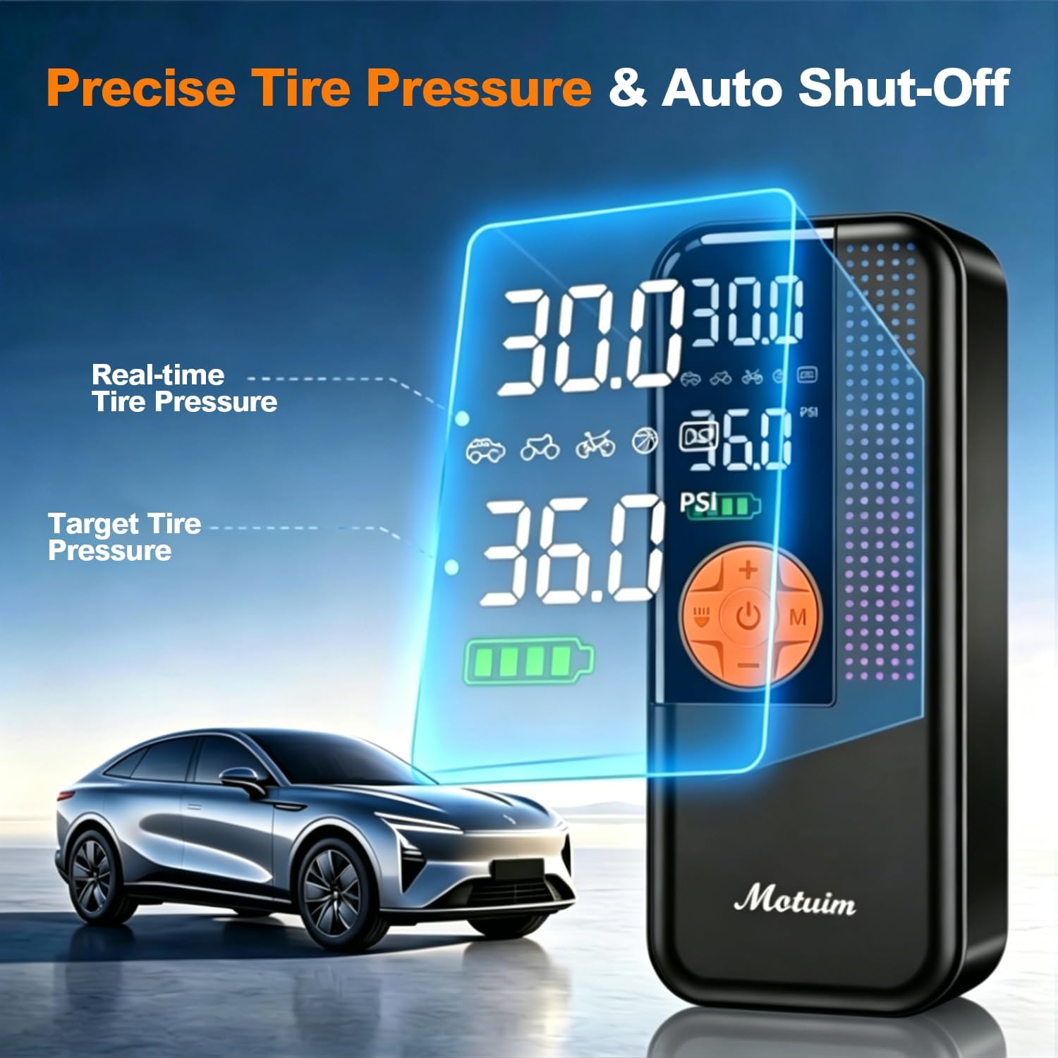 Thumbnail 2 de Motuim Cordless Car Tyre Inflator Air Compressor with 150 PSI, 6000mAh Battery and Auto Shut-Off