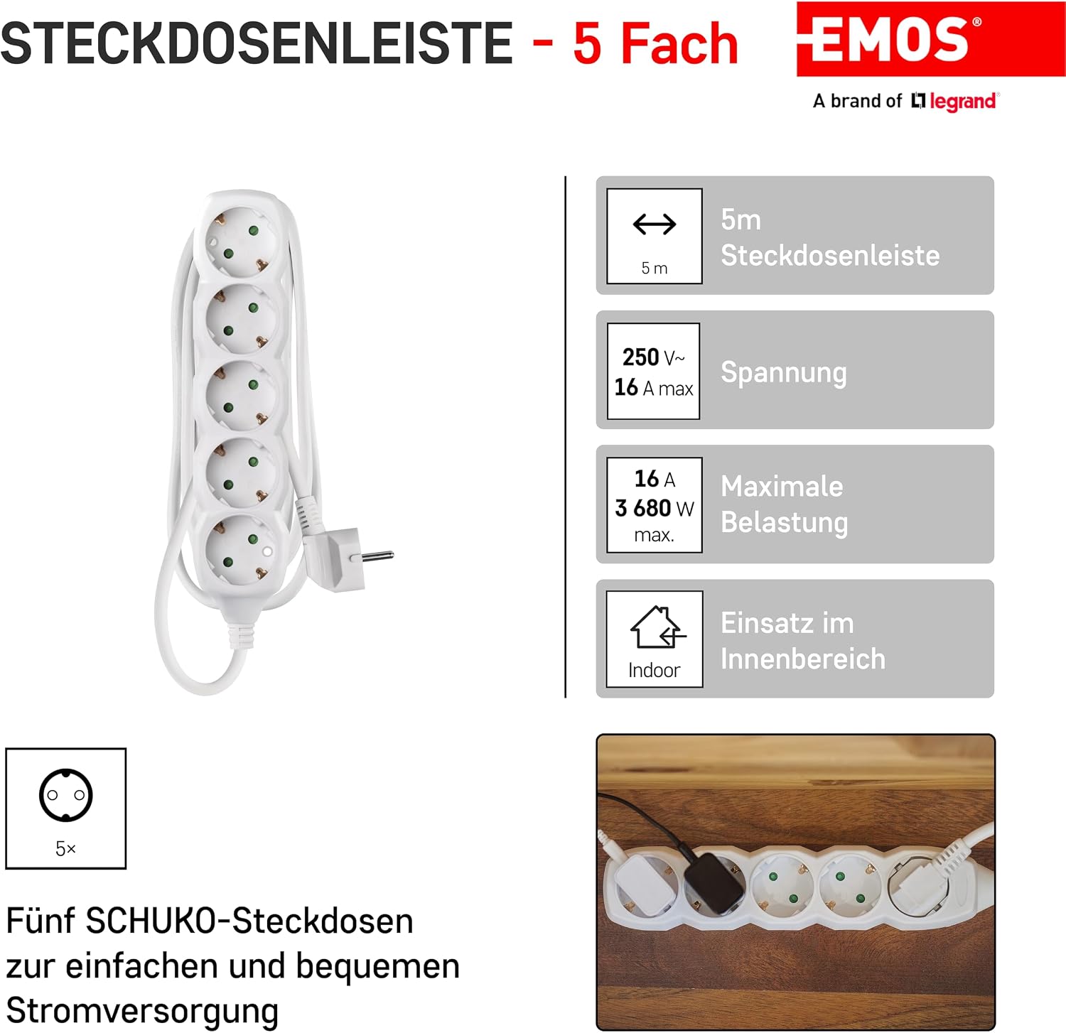 Detalle de EMOS P0525 R Bloc multiprise 5 prises — câble 5 m, blanc, sécurité enfant
