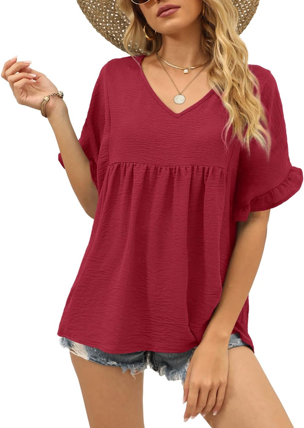 Detalle 2 de WIHOLL Women’s V-Neck Ruffle Sleeve Babydoll Peplum Top (Casual Loose Fit)