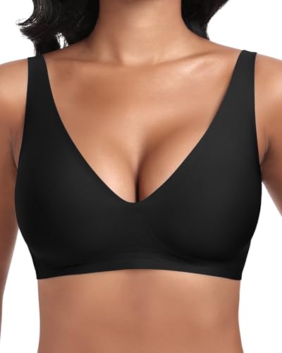 Detalle de Jiuday Tiefer V Push Up BH Damen ohne Bügel – Glatter, bequemer Bralette in XL (Schwarz)