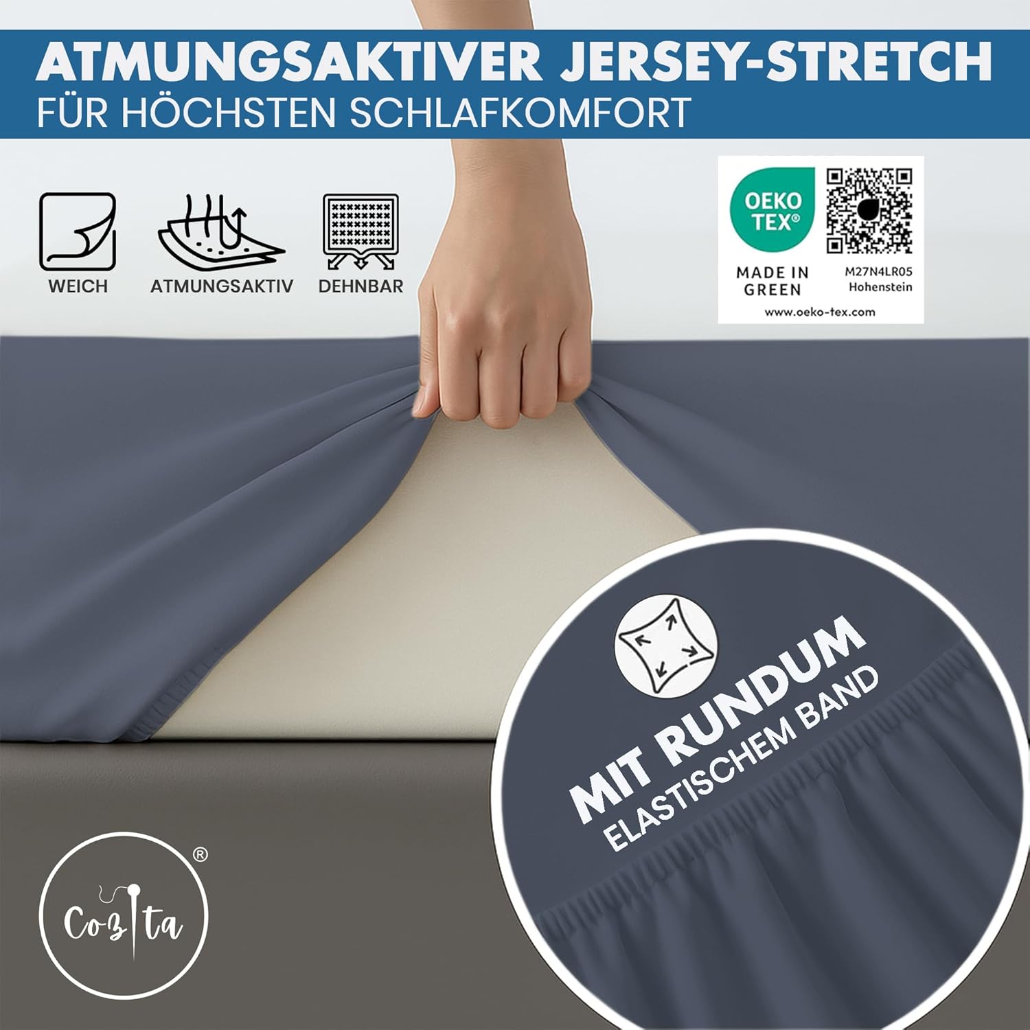 Thumbnail 2 de Cozita Basics Spannbettlaken 180x200 cm – 100% Baumwolljersey, OEKO-TEX Made in Green, Anthrazit
