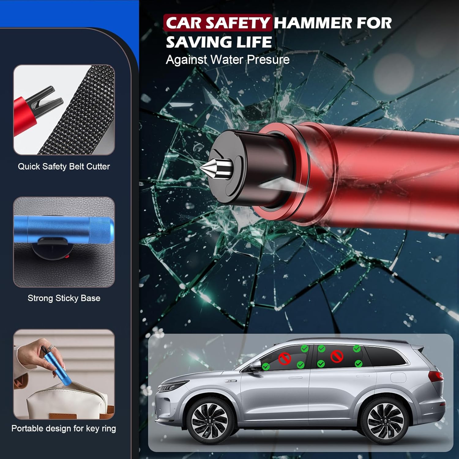 Thumbnail 2 de MOKIDO 2 Stück Gurtschneider Notfallhammer – 2-in-1 Auto Notfallwerkzeug, kompakt & zuverlässig (Rot/Blau)