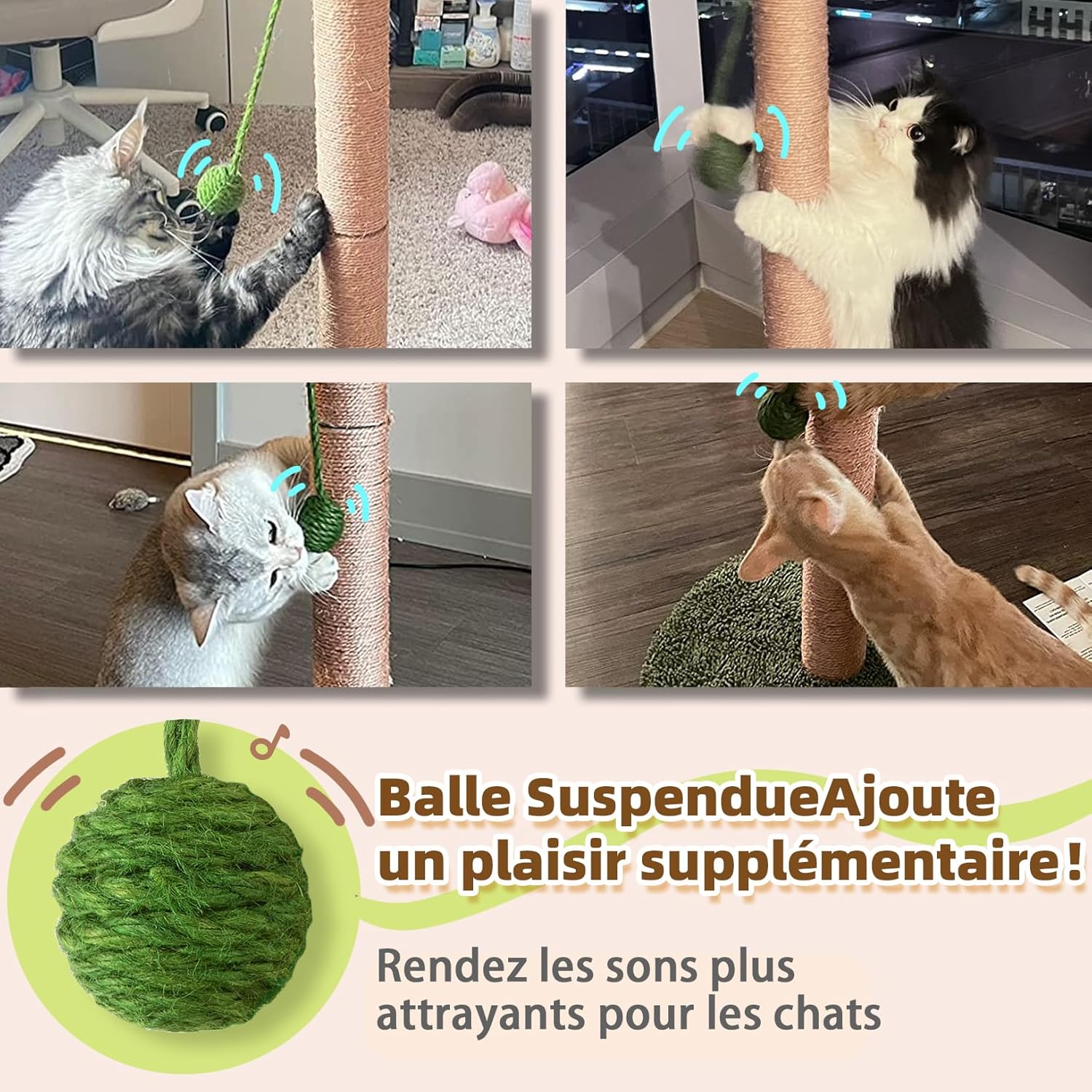Thumbnail 3 de Meowoou Griffoir pour Chat 60 cm avec corde en sisal et balles suspendues (intérieur)