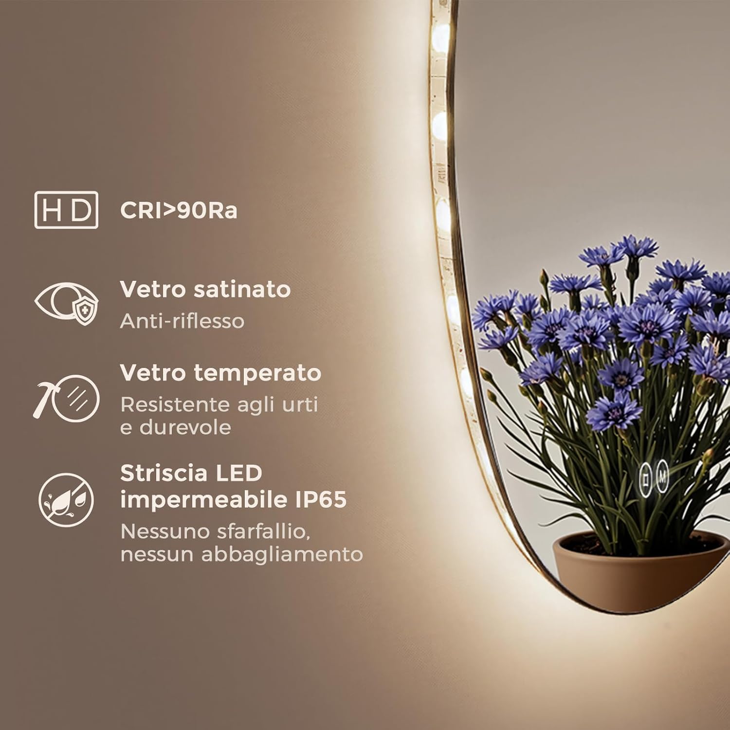 Thumbnail 6 de S’AFIELINA specchio da bagno rotondo LED da 70 cm con illuminazione dimmerabile e touch