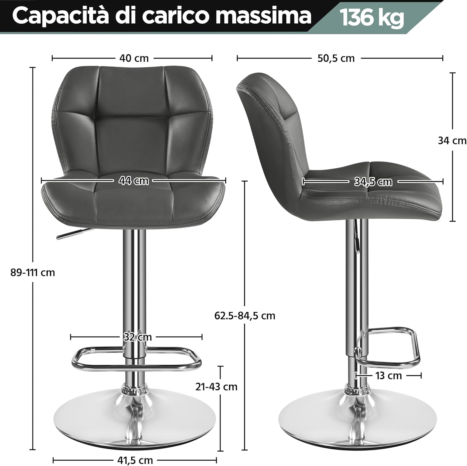 Thumbnail 2 de Yaheetech Set da 2 sgabelli alti da bar con schienale girevole 360° e altezza regolabile in similpelle grigio