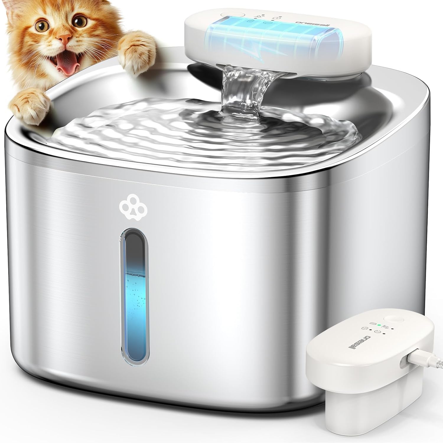 Detalle de oneisall Katzenbrunnen Kabellos 3.5L – Edelstahl, 5000mAh, Bewegungsmelder, leise Pumpe
