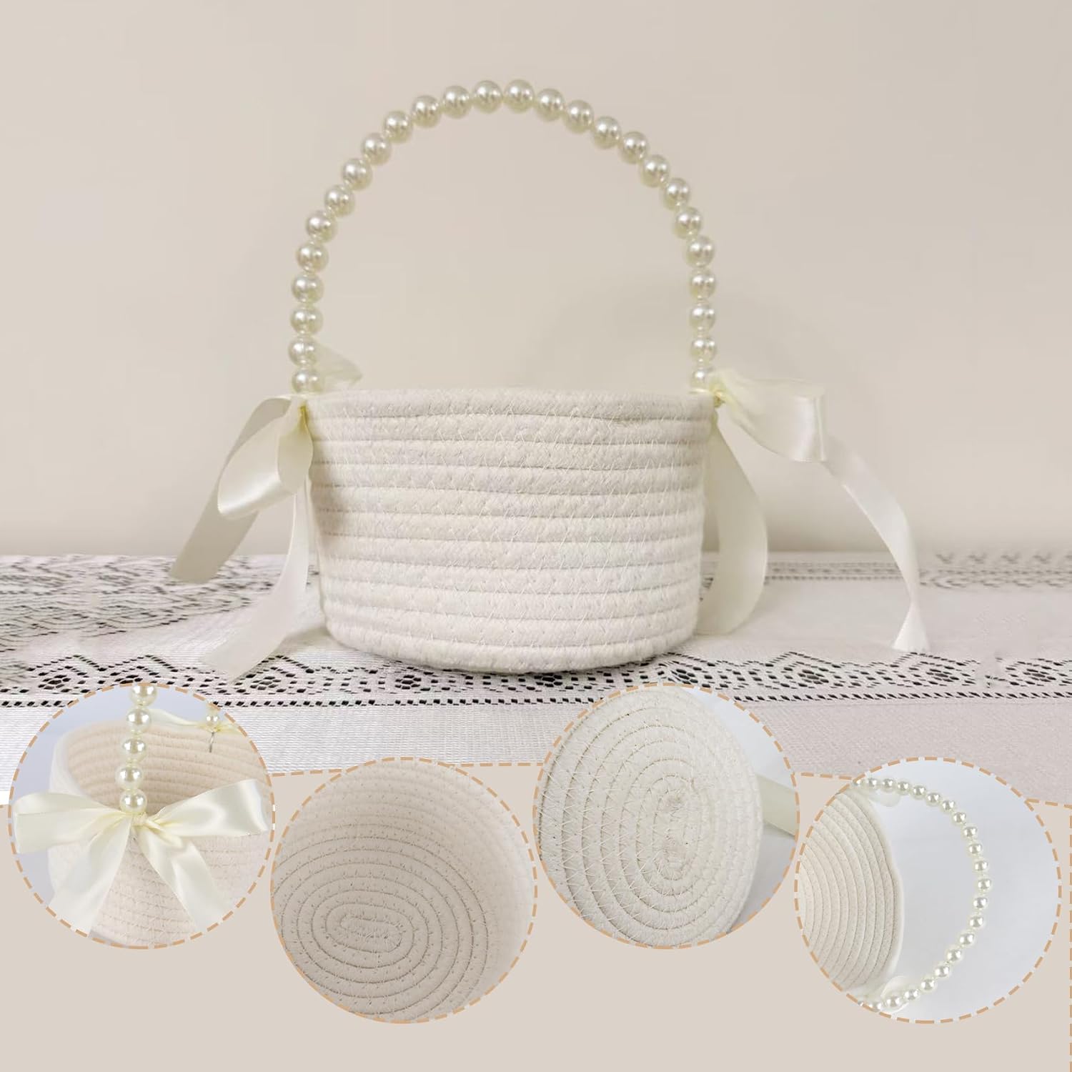 Thumbnail 5 de 2 Pack Wedding Flower Girl Basket with Pearl Handle – Cotton, Lightweight & Elegant