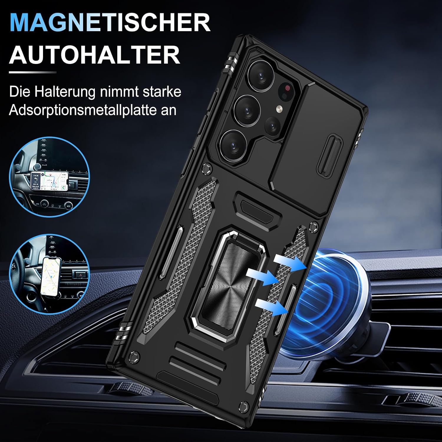 Detalle de Handyhülle mit Slide Camera Schutz für Samsung Galaxy S24 Ultra – 360° drehbarer Metallring, Stoßfest, inkl. Kameraschutz