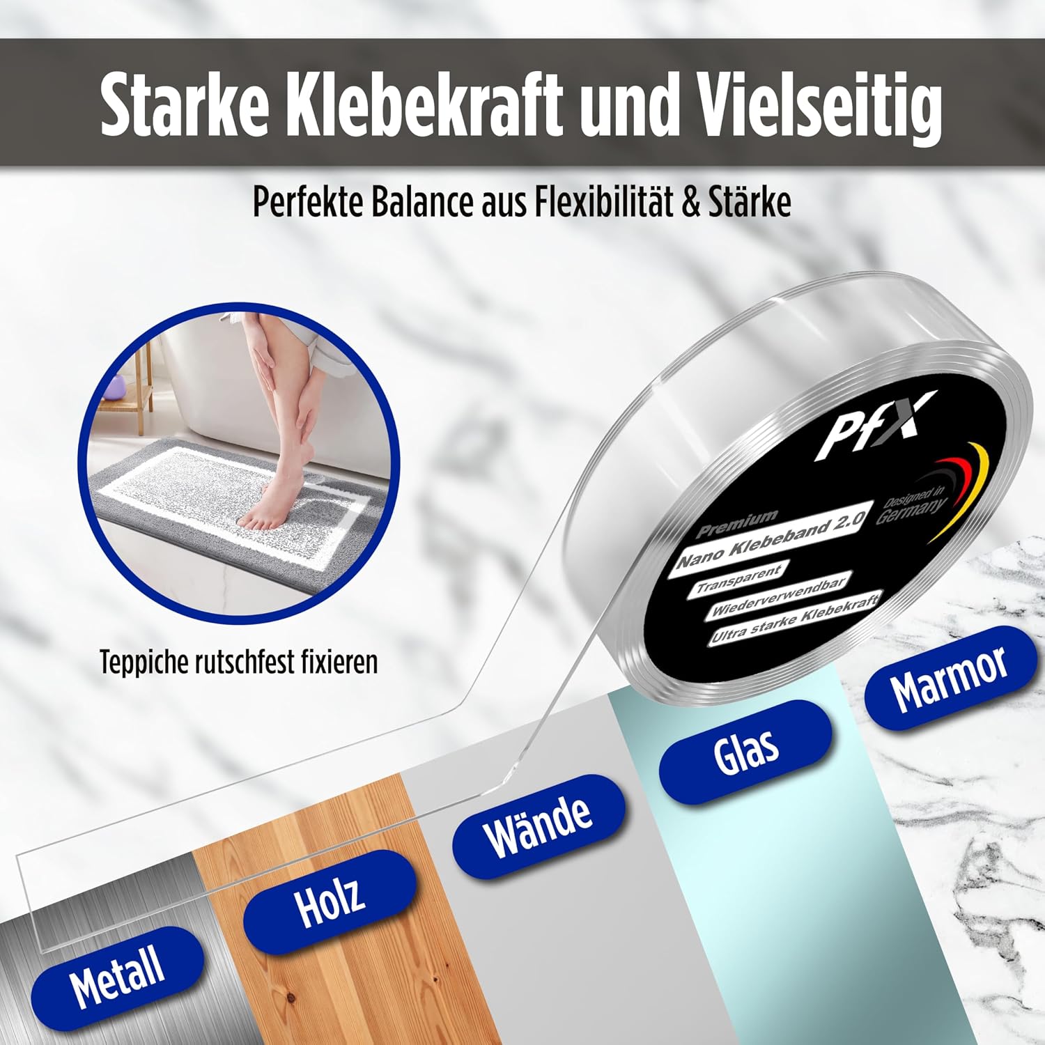 Detalle de PfX Extrem Starkes Premium Nano Tape (5 m) – wiederverwendbares transparentes Nano-Klebeband