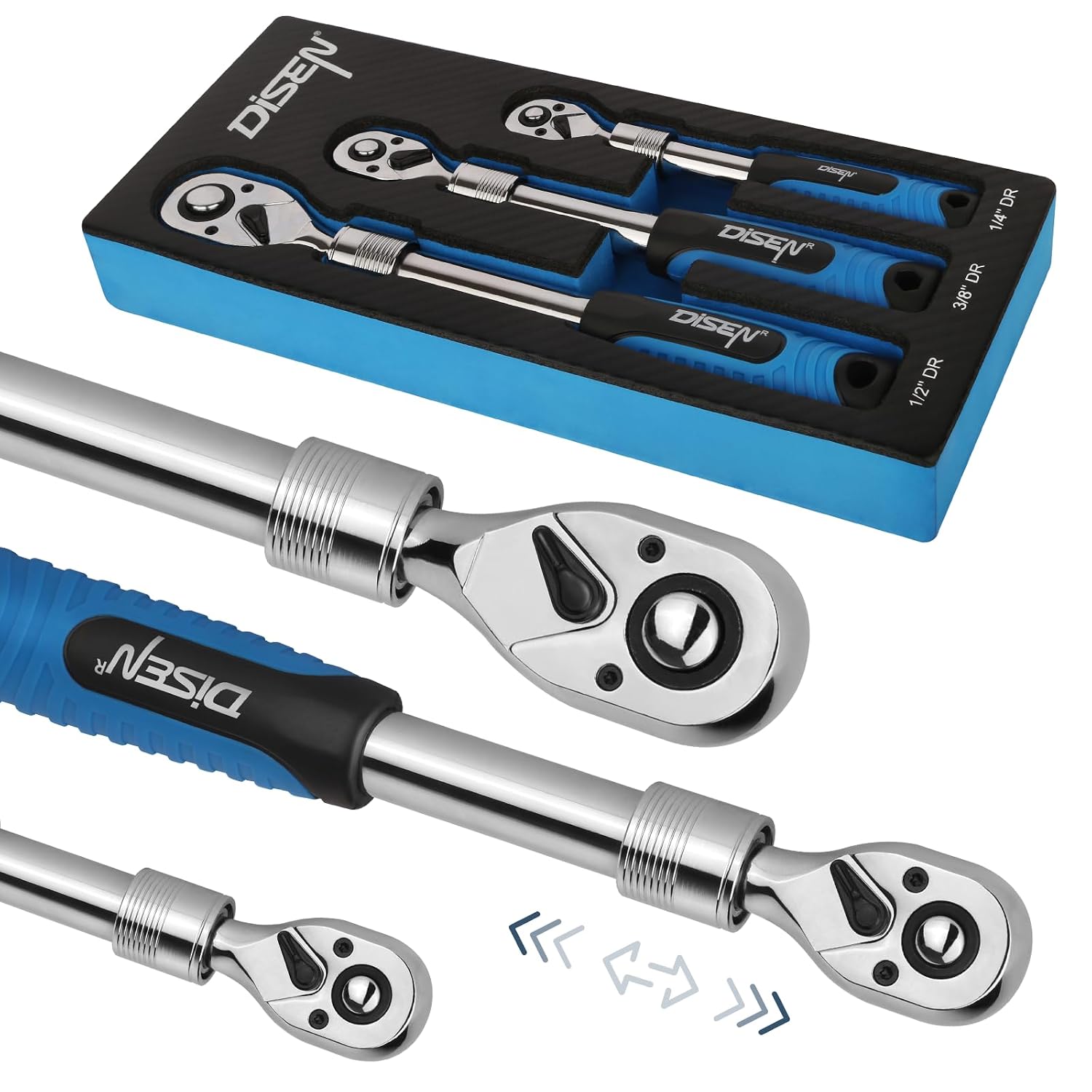 Detalle de DISEN DISEN-3GDTJLBNew Extendable Ratchet Wrench Set, 72-Tooth, 3 Drive Sizes