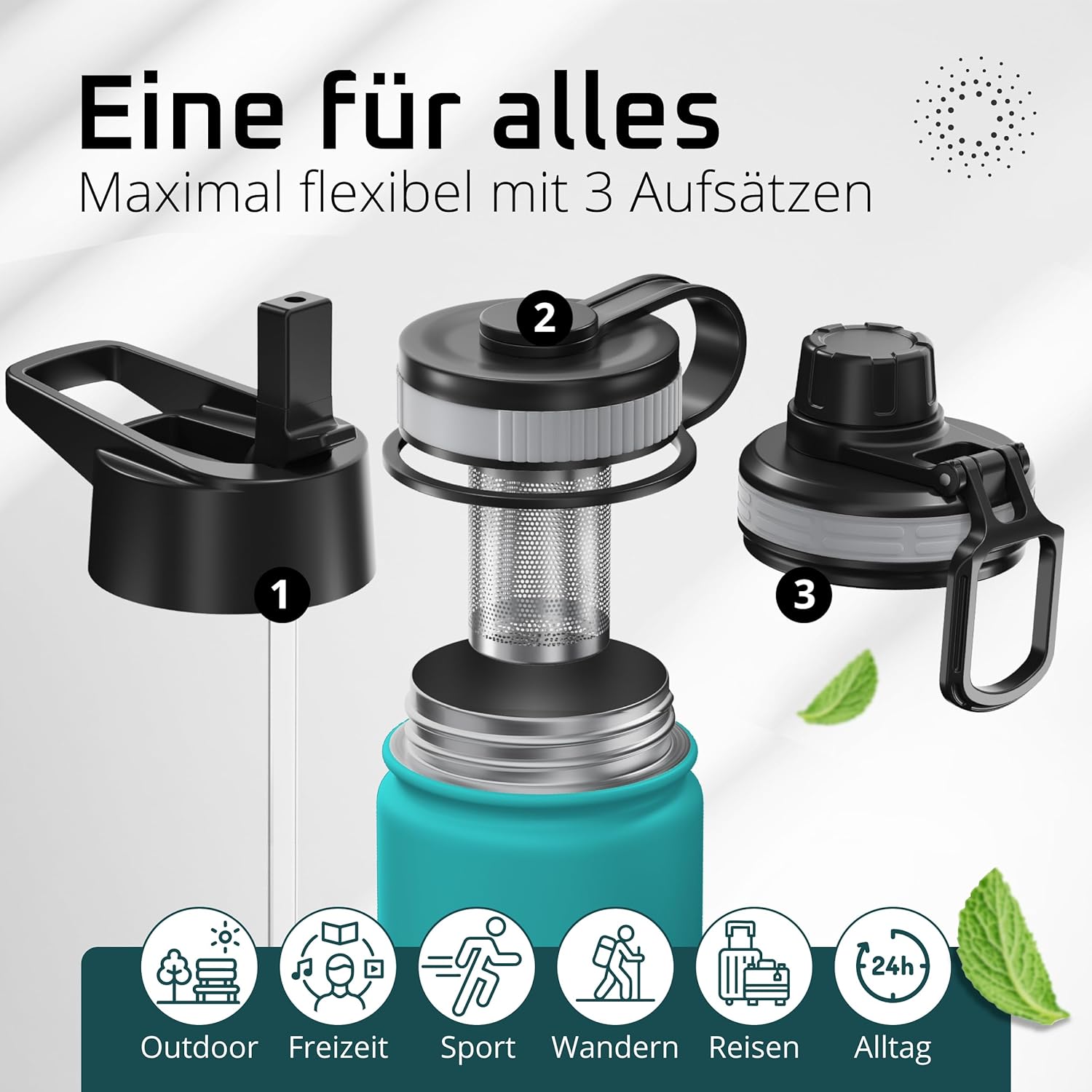 Thumbnail 1 de ACTIVE FLASK Edelstahl-Trinkflasche inkl. Strohhalm-Verschluss (3 Deckel), auslaufsicher & BPA-frei