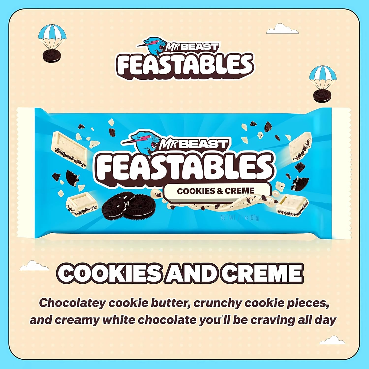 Thumbnail 2 de Feastables MrBeast Cookies & Crème – Chocolat blanc et morceaux de biscuit, boîte 10x60g