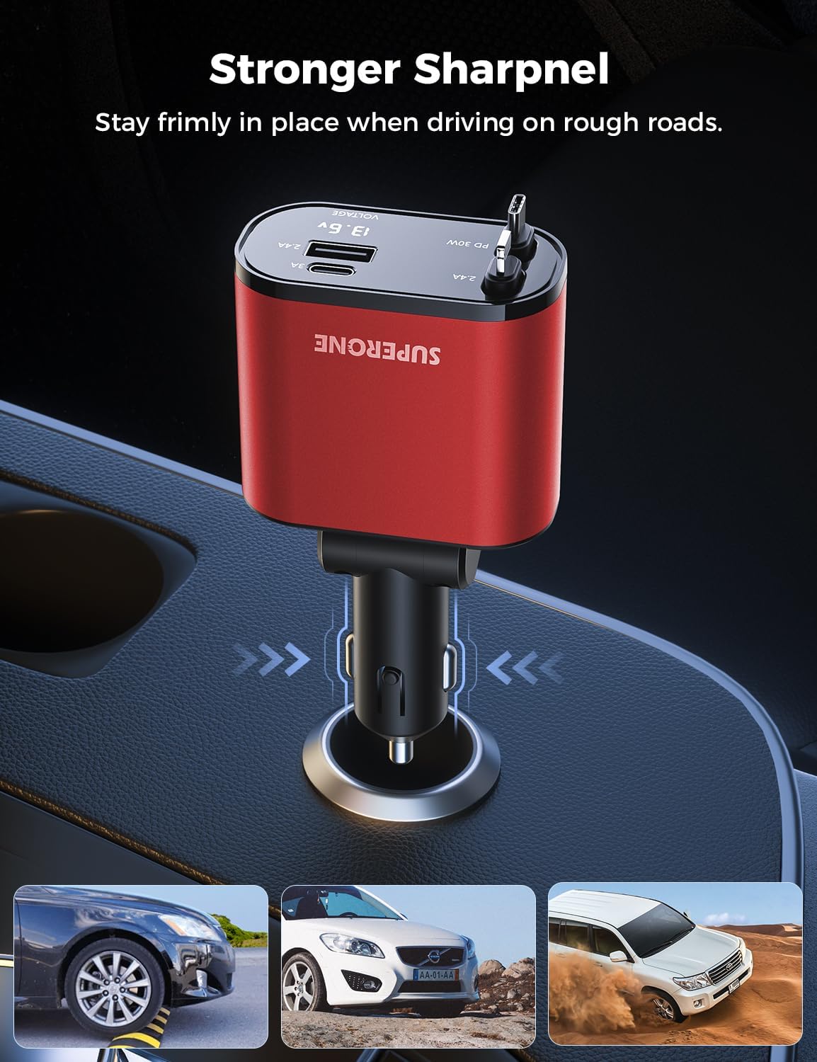 Detalle de SUPERONE PT-16 Retractable Car Charger, 4-in-1 with Dual Cables and Voltage Display