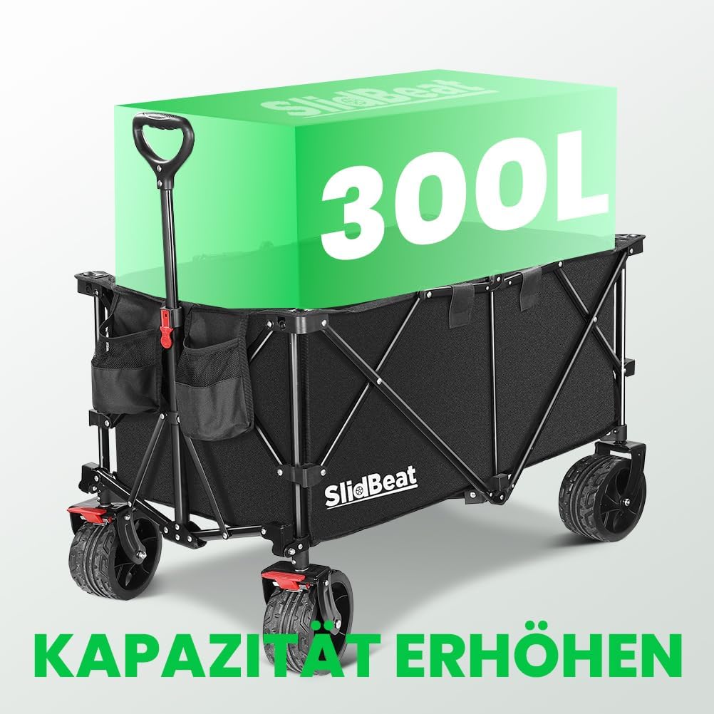 Detalle de SLIDBEAT XXXL Faltbarer Bollerwagen mit Bremsen – 300L, 226 kg Tragkraft, Große Räder