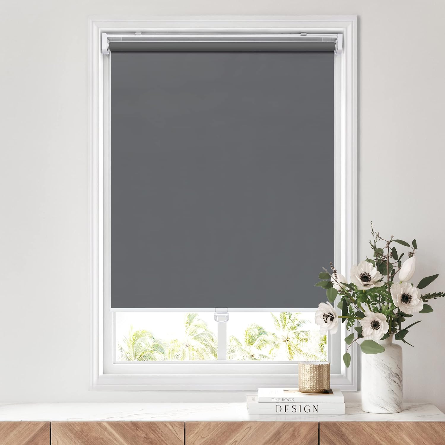 Detalle de LazBlinds No-Drill Cordless Roller Shade, 24 x 72, Gray Blackout Polyester