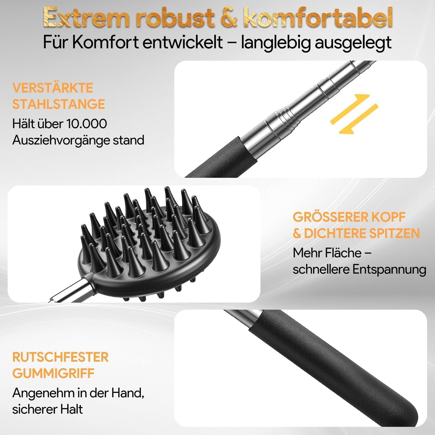Detalle 2 de Rückenkratzer mit ausziehbarem Teleskopstiel und 5 abnehmbaren Kratzköpfen (Geschenkbox)