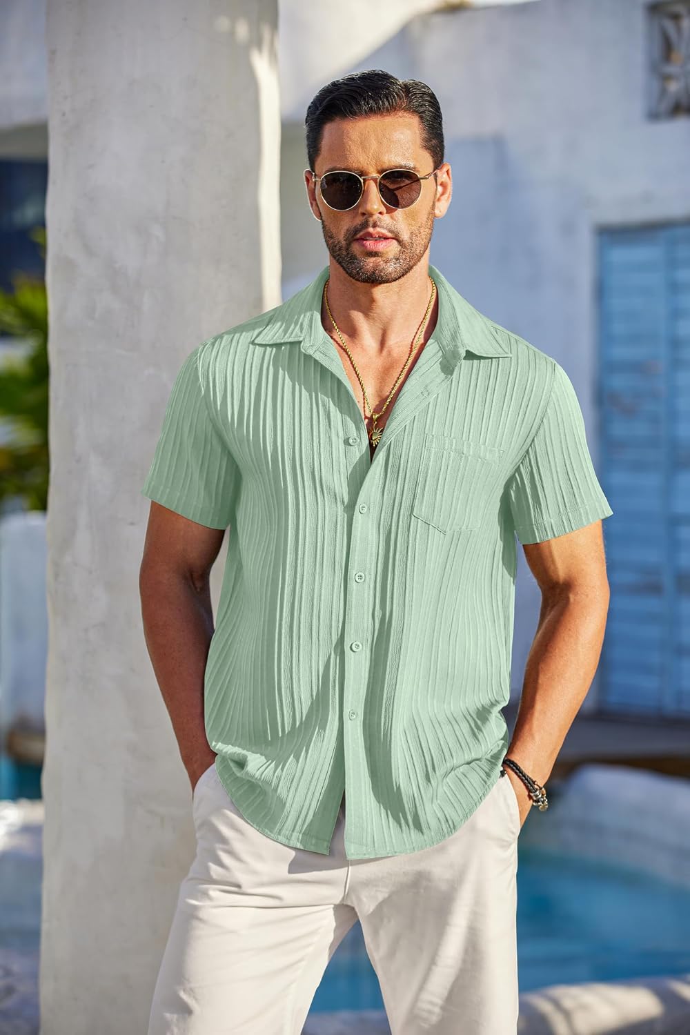 Detalle 2 de COOFANDY Men's Casual Short Sleeve Button-Down Shirt with Textured Fabric