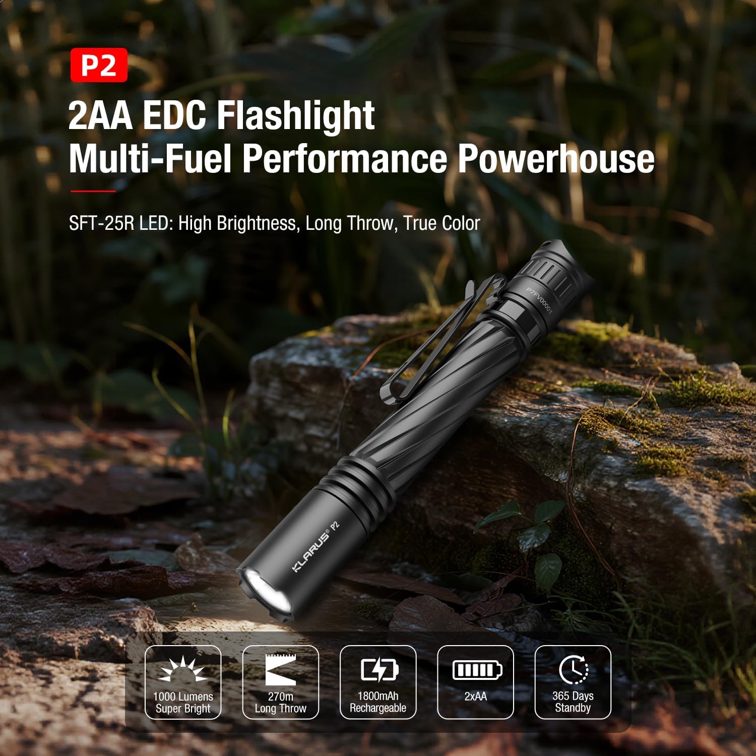 Detalle de Klarus P2 lampe stylo EDC 1 000 lumens, portée 270 m, IPX8 (USB-C recharge ou piles AA)