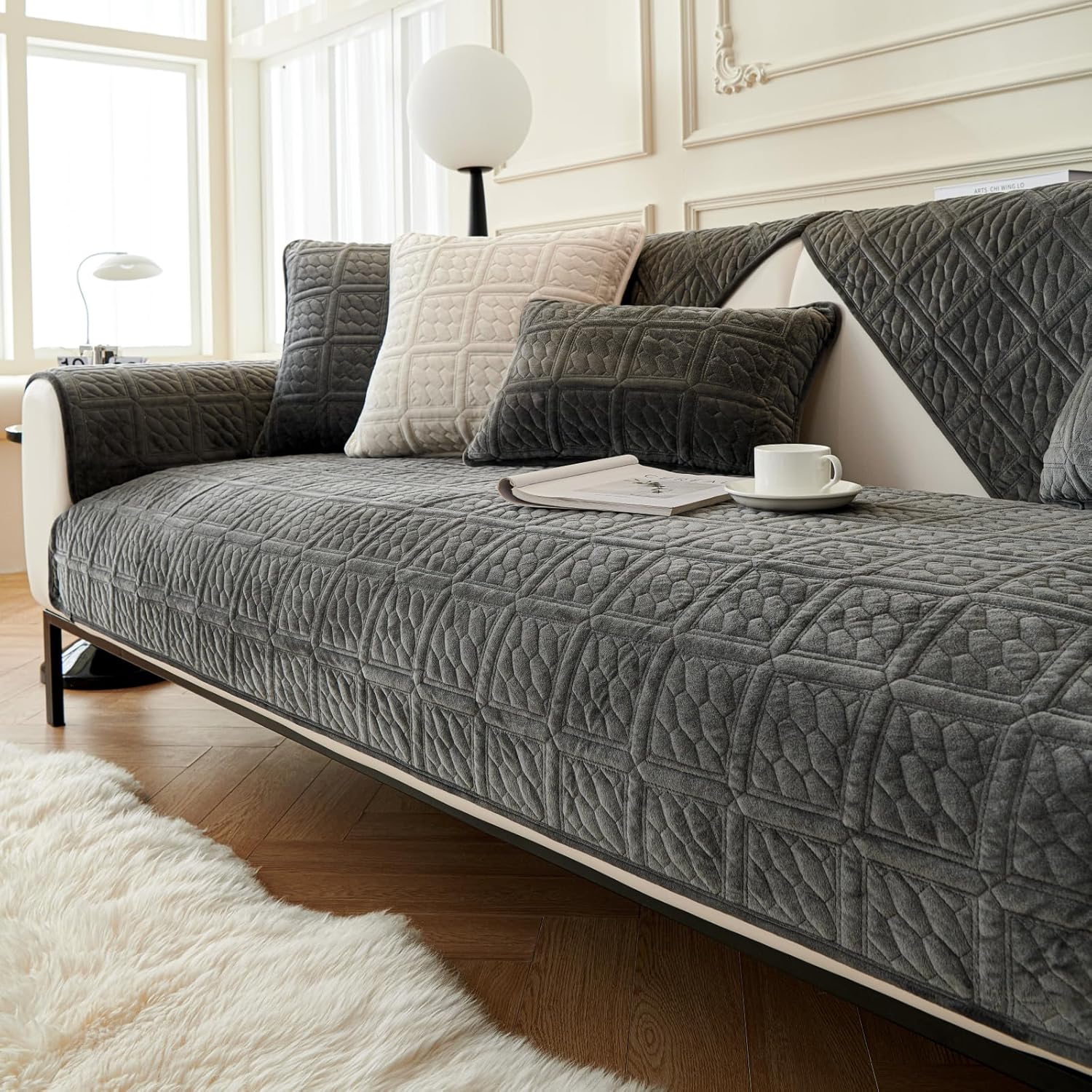 Upgrade Milchsamt Sofa-Überzug SHANNA für L-Sofa (Ecksofa) – Dunkelgrau, 70×90 cm