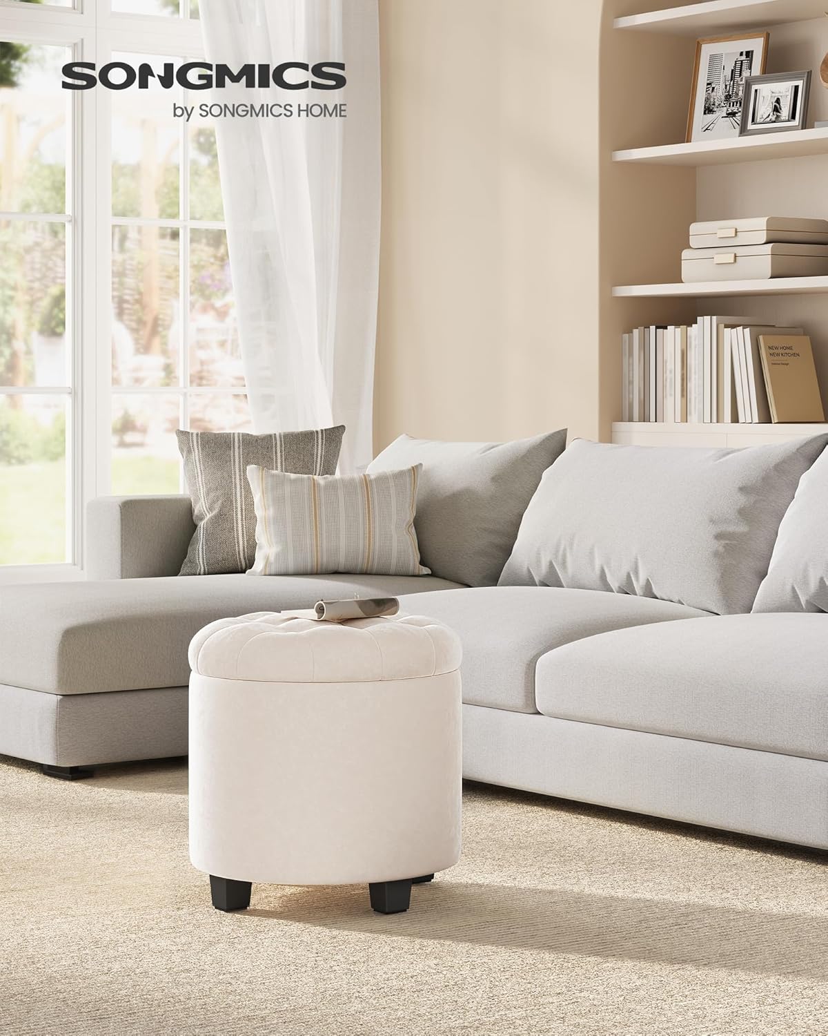 Detalle 2 de SONGMICS Pouf Contenitore Rotondo LOM012W01: Cassapanca in velluto bianco crema, 42 L di capacità, supporto fino a 150 kg