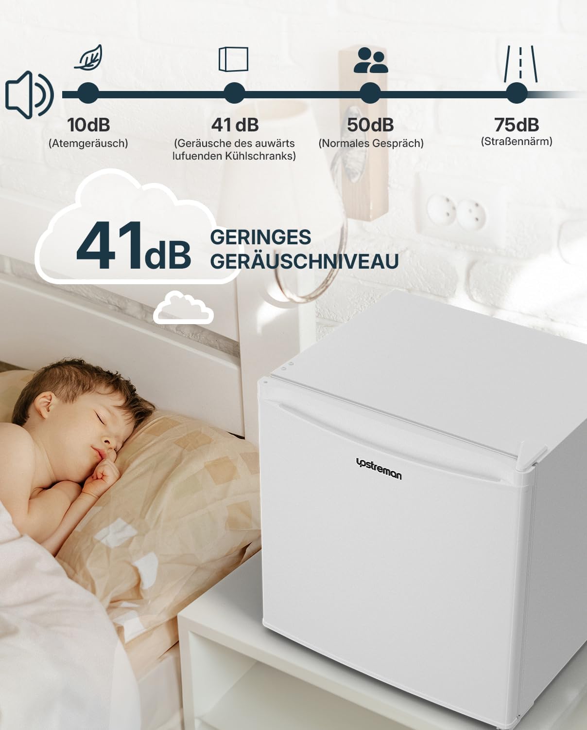 Detalle de Upstreman Mini Kühlschrank 46 L mit Eisfach – kompakt, leise und energiesparend