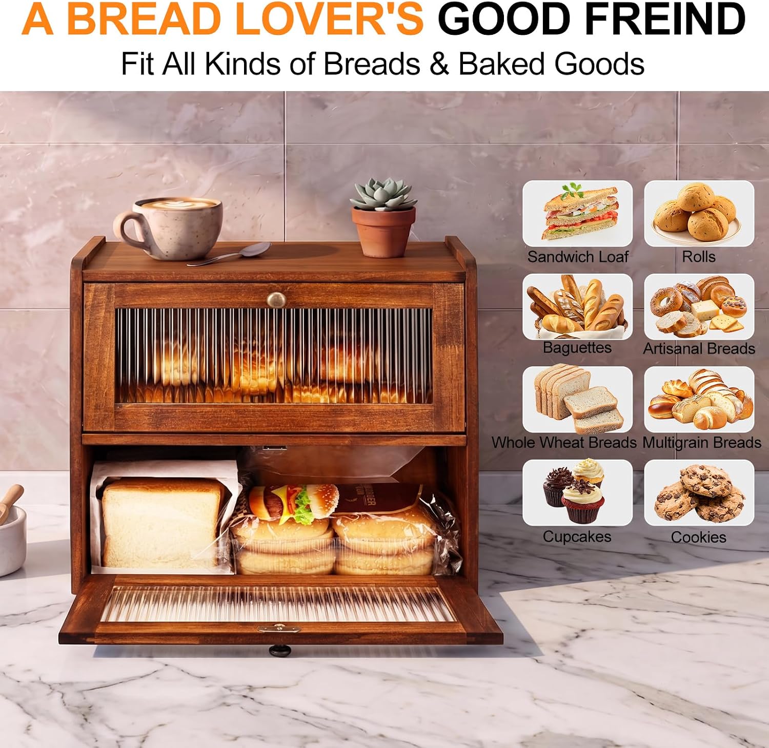 Detalle 2 de Alpeir Double-Layer Bread Box, Brown Pine Wood with Acrylic Window and Vents