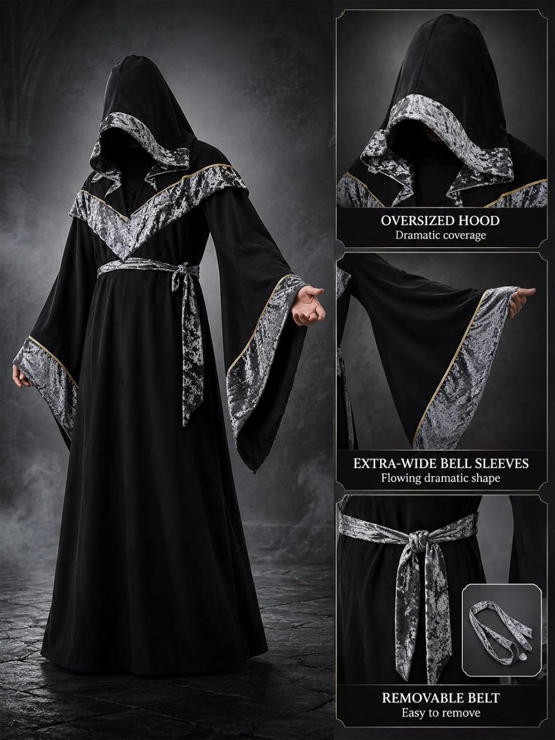 Detalle de WISHU Sorcerer Robe Costume with Hood, Silver Trim and Wide Sleeves