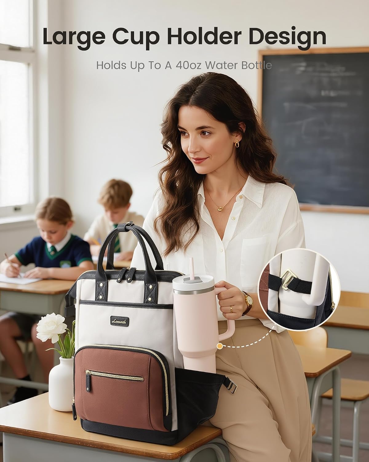 Thumbnail 1 de LOVEVOOK Laptop Backpack for Women with Giant Tumbler Holder (Beige/Black/Brown)