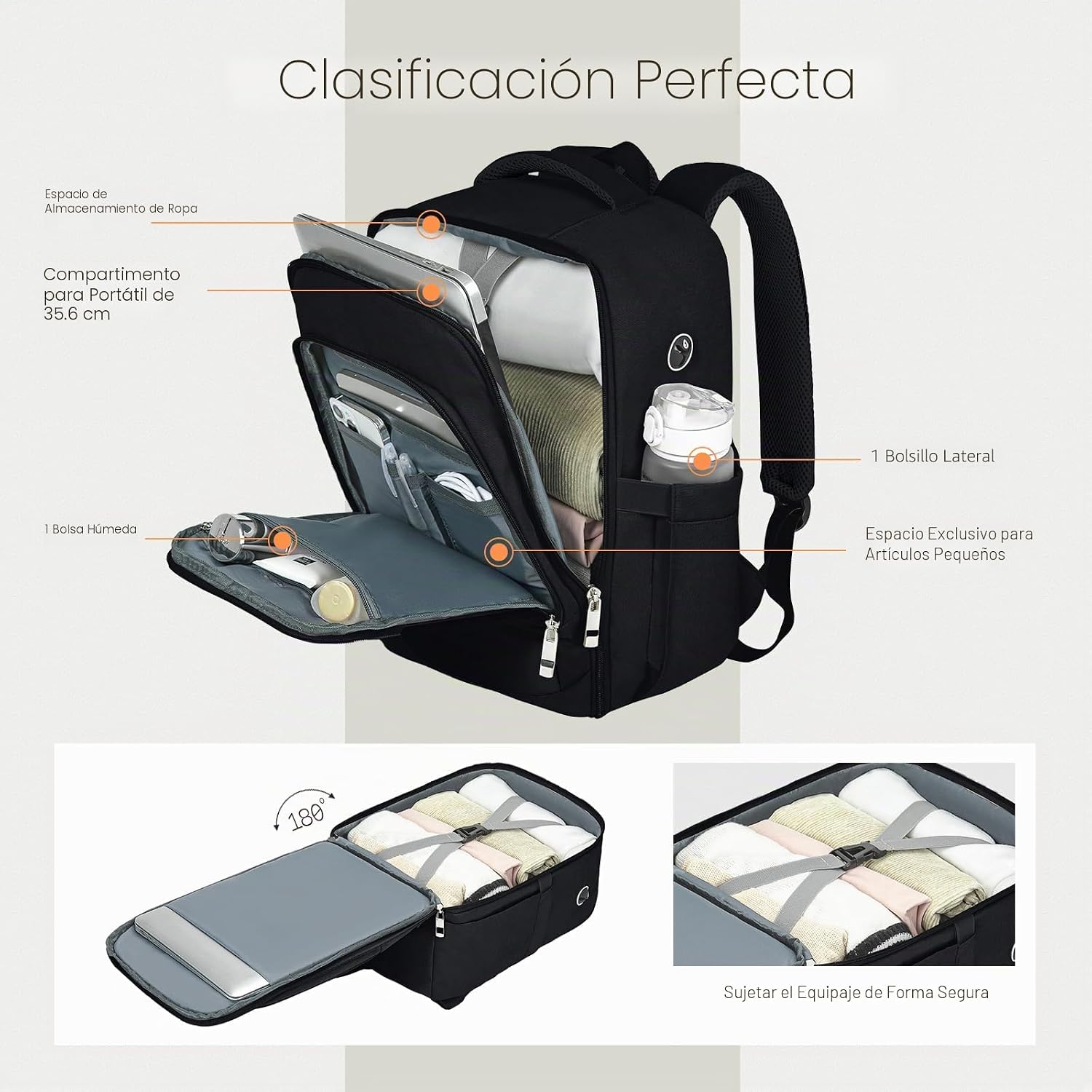 Detalle de RuoSien Mochila de Cabina 40x30x20 cm para Ryanair: organización inteligente y comodidad en viaje