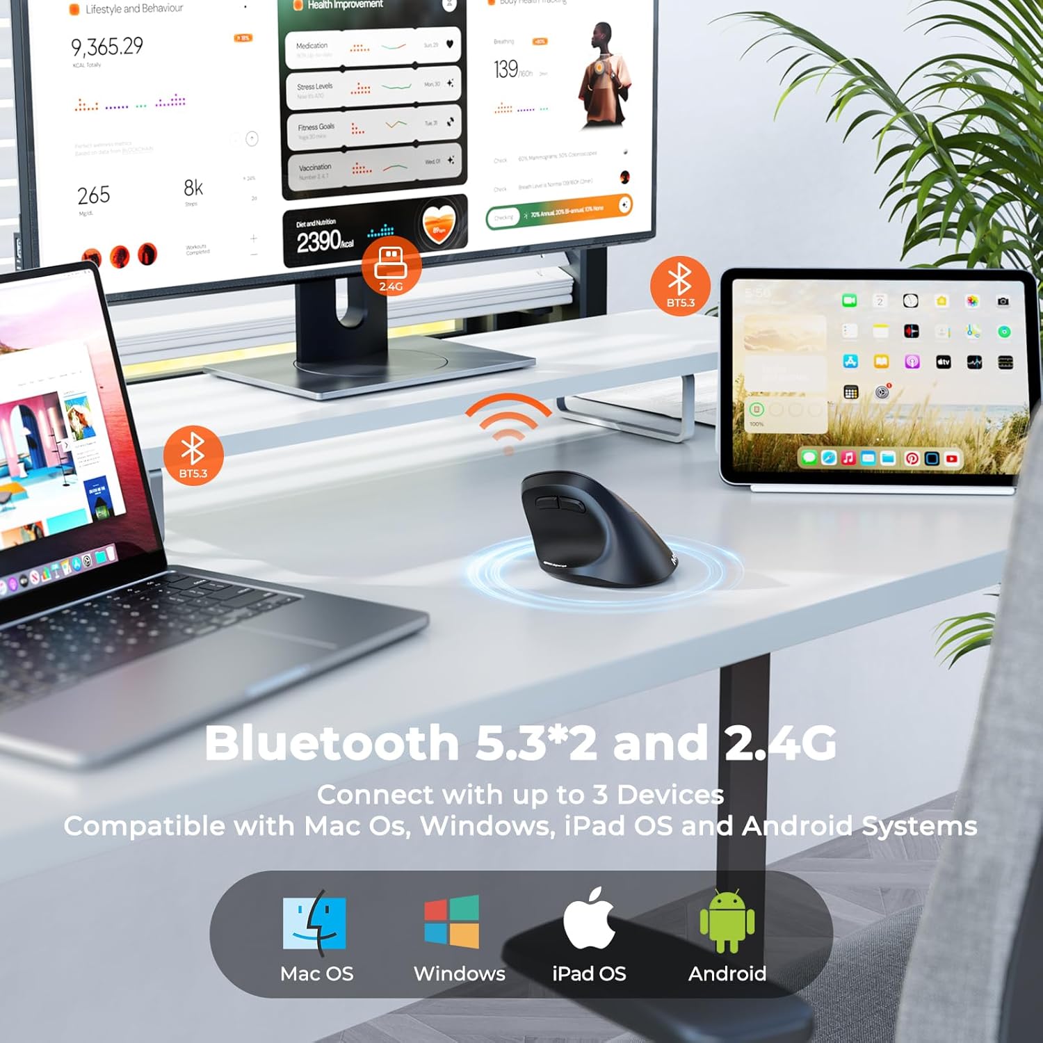 Detalle de MEETION ergonomische vertikale Bluetooth-Maus mit Dual-Mode (2,4 GHz & Bluetooth 5.3) und 3-Geräte-Kopplung